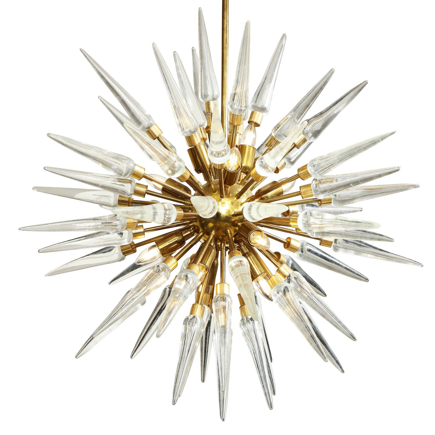 Mid-Century Modern Stunning Sputnik-Style Chandelier in Polished Brass with Glass Spikes 2022 For Sale