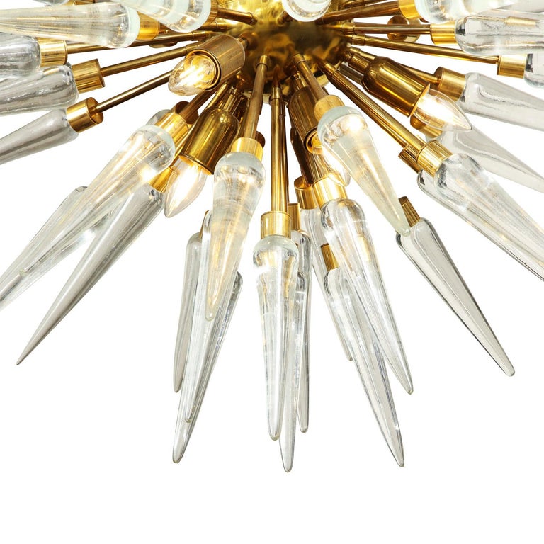 Hand-Crafted Stunning Sputnik-Style Chandelier in Polished Brass with Glass Spikes 2022 For Sale
