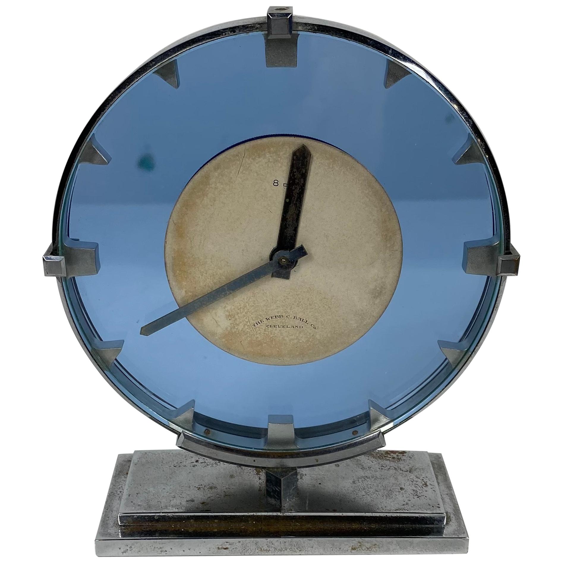 Stunning Stainless Steel and Blue Glass Art Deco / Machine Age Clock