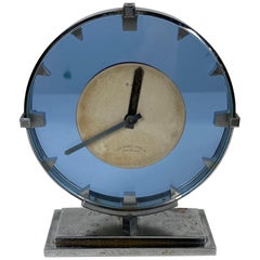 Vintage Stunning Stainless Steel and Blue Glass Art Deco / Machine Age Clock