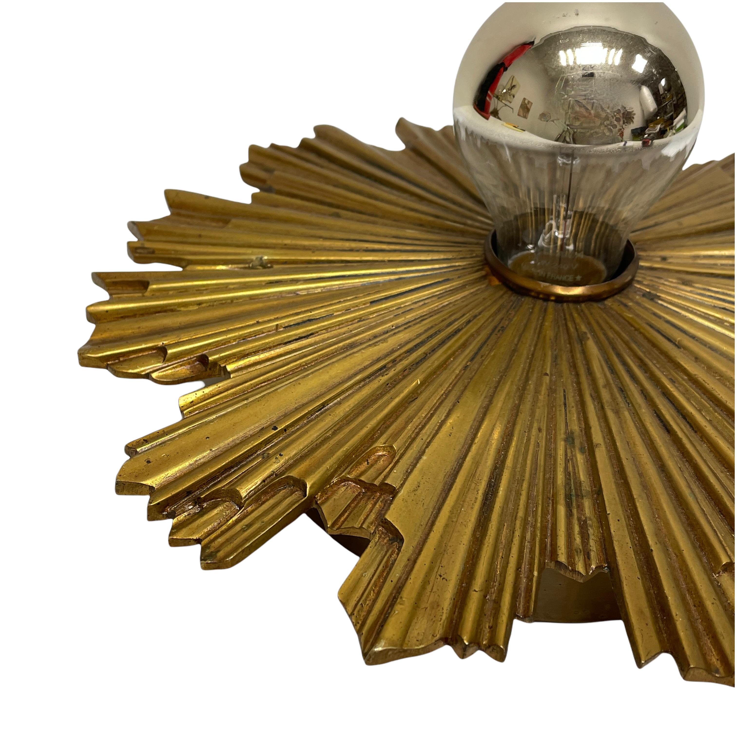 Hollywood Regency Stunning Starburst Sunburst Brass Bronze Flush Mount Ceiling Light Fixture 1950s For Sale