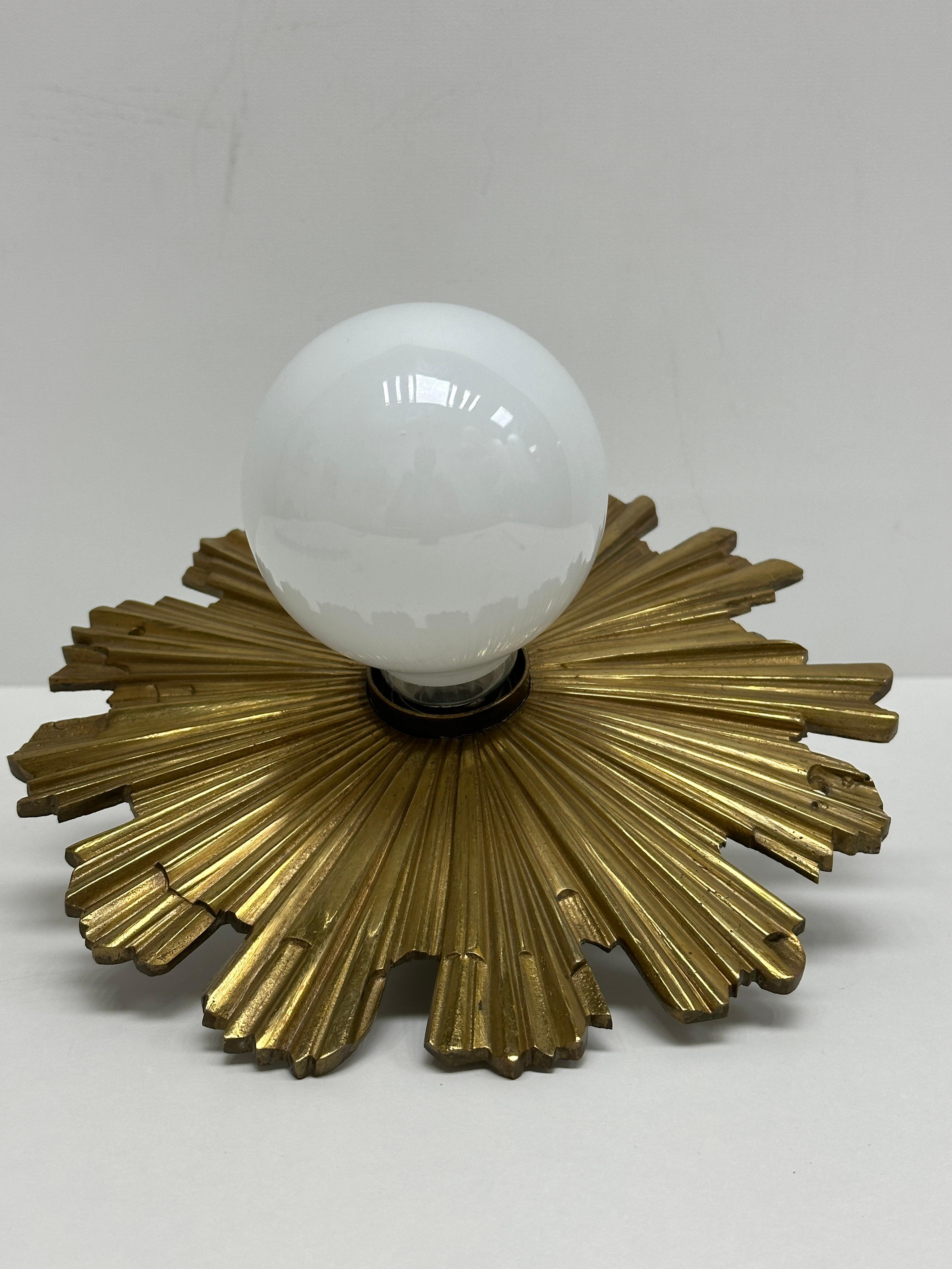 Mid-20th Century Stunning Starburst Sunburst Brass Bronze Flush Mount Ceiling Light Fixture 1950s For Sale
