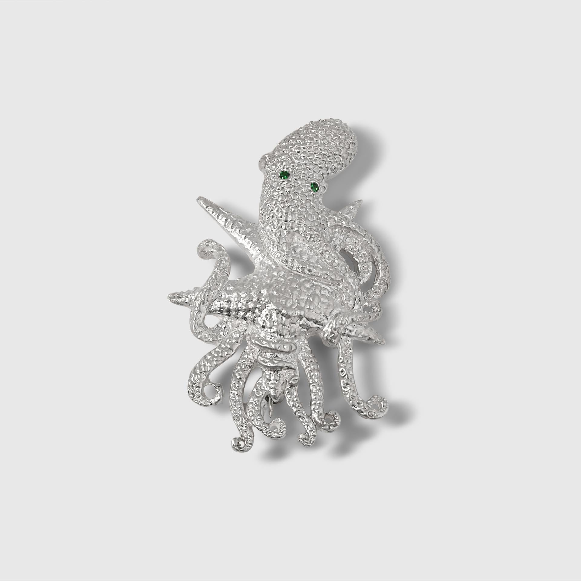 Large, Stunning Sterling Silver Detailed Octopus Brooch Pin w/ Round, Bright Green, Tsavorite Eyes by Ashley Childs

This stunning detailed octopus was originally carved by 