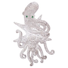 Stunning Sterling Detailed Octopus Brooch Pin w/ Bright Green Tsavorite Eyes