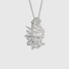 Stunning Sterling Silver Detailed Octopus Pendant Necklace w/ Blue Sapphire Eyes