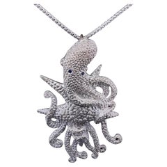 Stunning Sterling Silver Detailed Octopus Pendant Necklace w/ Blue Sapphire Eyes