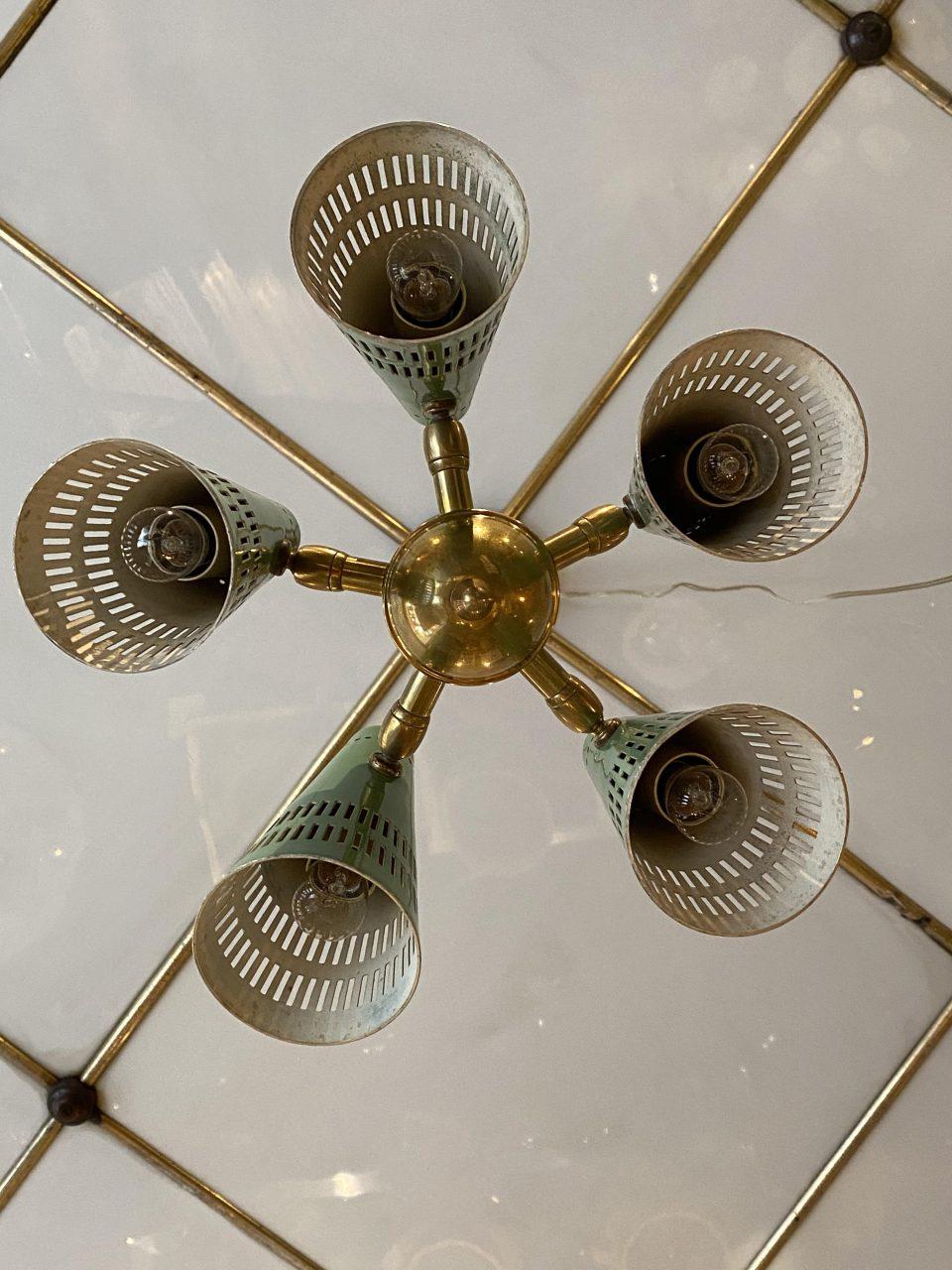 French Stunning Stil Novo Green Shaded Ceiling Lamp, France, 1950