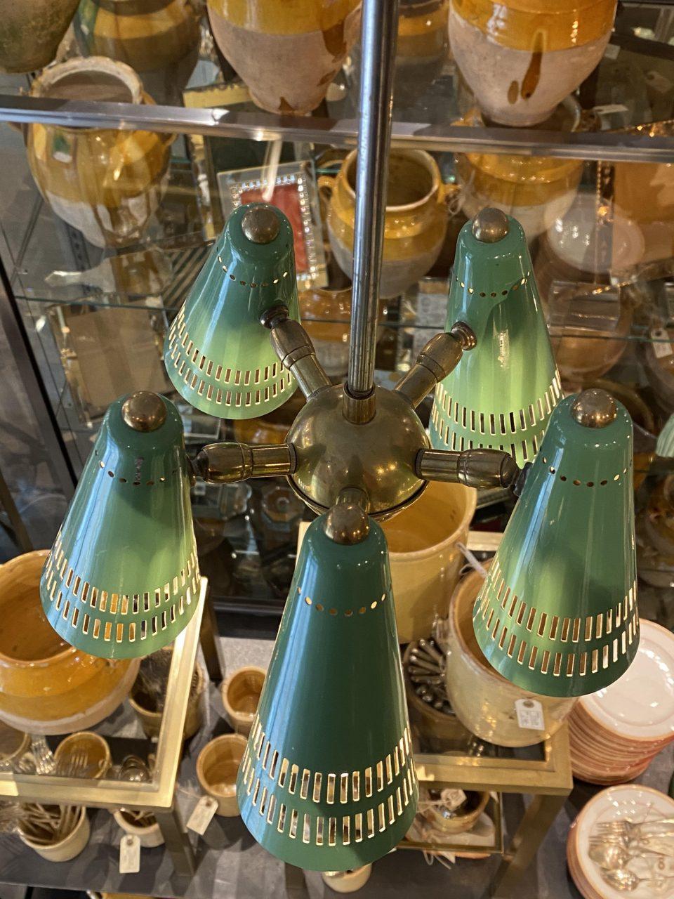 20th Century Stunning Stil Novo Green Shaded Ceiling Lamp, France, 1950