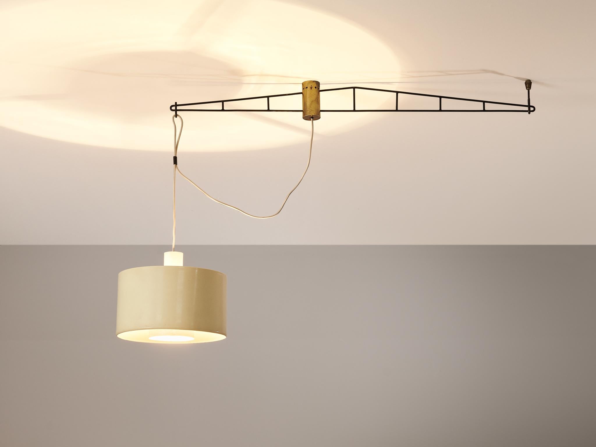 Stilnovo, chandelier, brass, lacquered metal, Italy, 1950s.

This refined chandelier made by Stilnovo is a perfect representative for Italian Mid-Century Design of the fifties. A double layered shade in off white is the lure of this design, however: