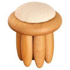 Stunning stool in massive wood and fabric by G. NICOLET