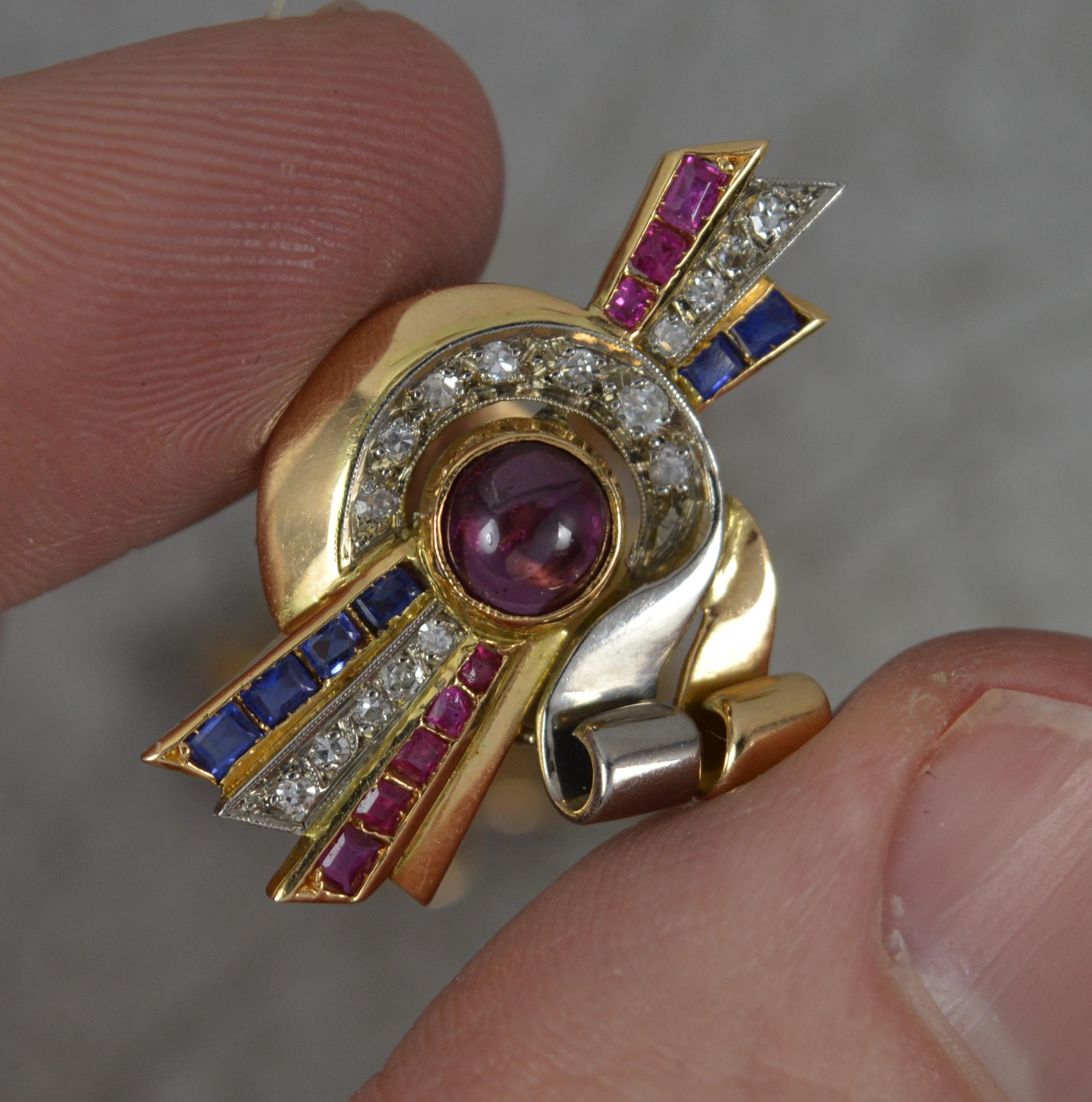 Stunning Stylish Art Deco 18ct Gold Ruby Sapphire Diamond Earrings For Sale 2