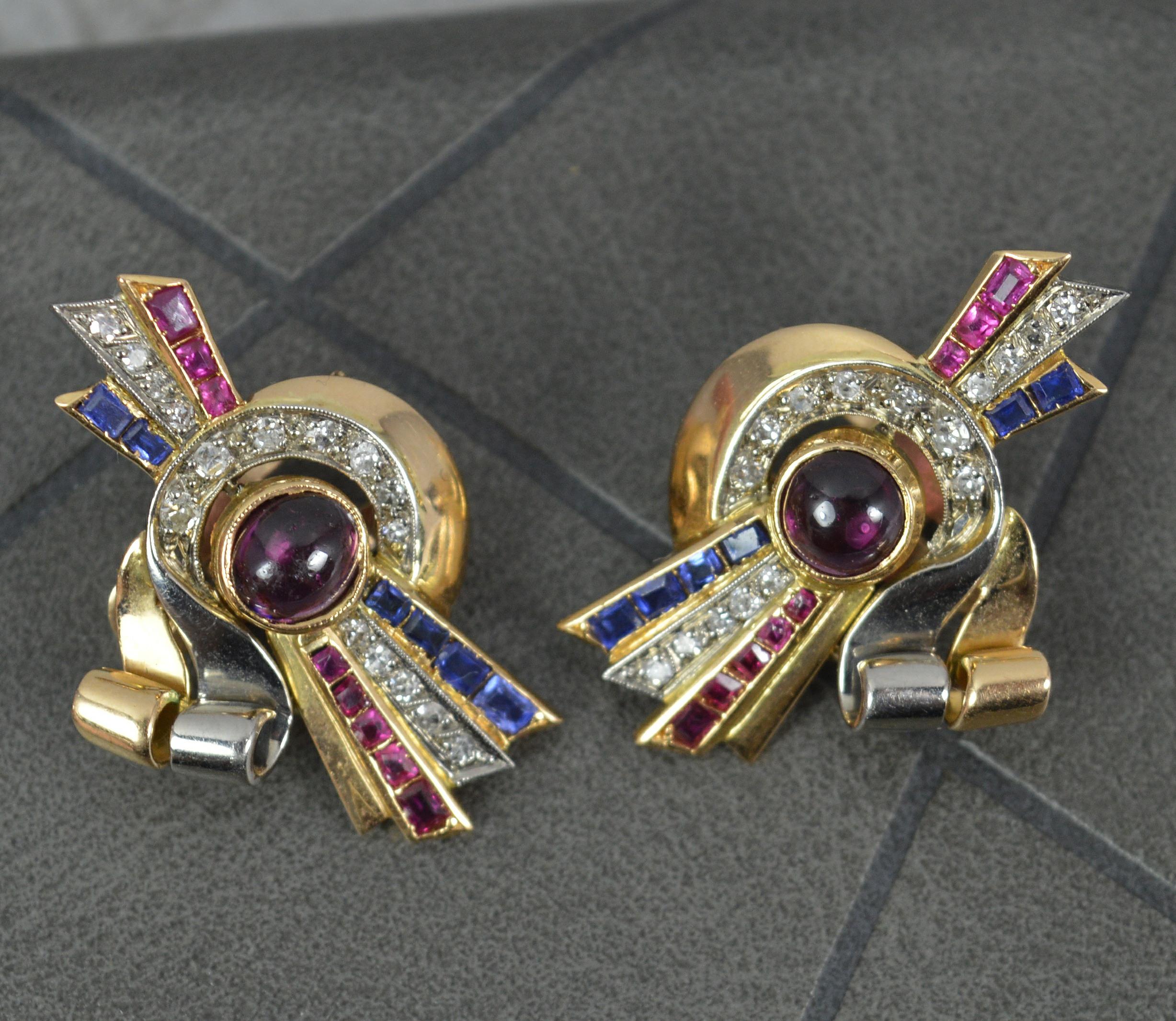 Stunning Stylish Art Deco 18ct Gold Ruby Sapphire Diamond Earrings For Sale 3