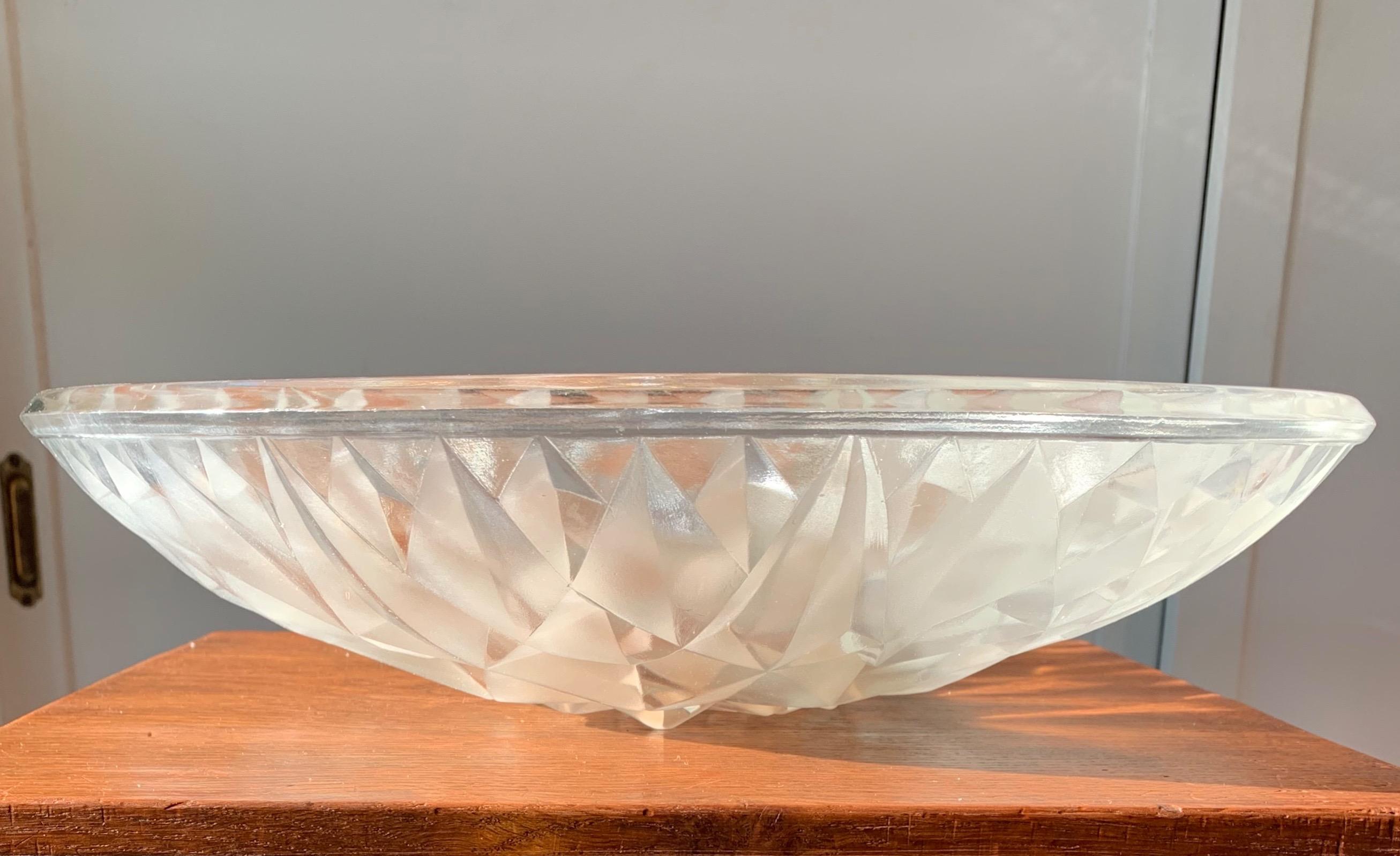 Frosted Stunning and Stylish French Art Deco Geometric Shape Glass Bowl by A. Hunebelle For Sale