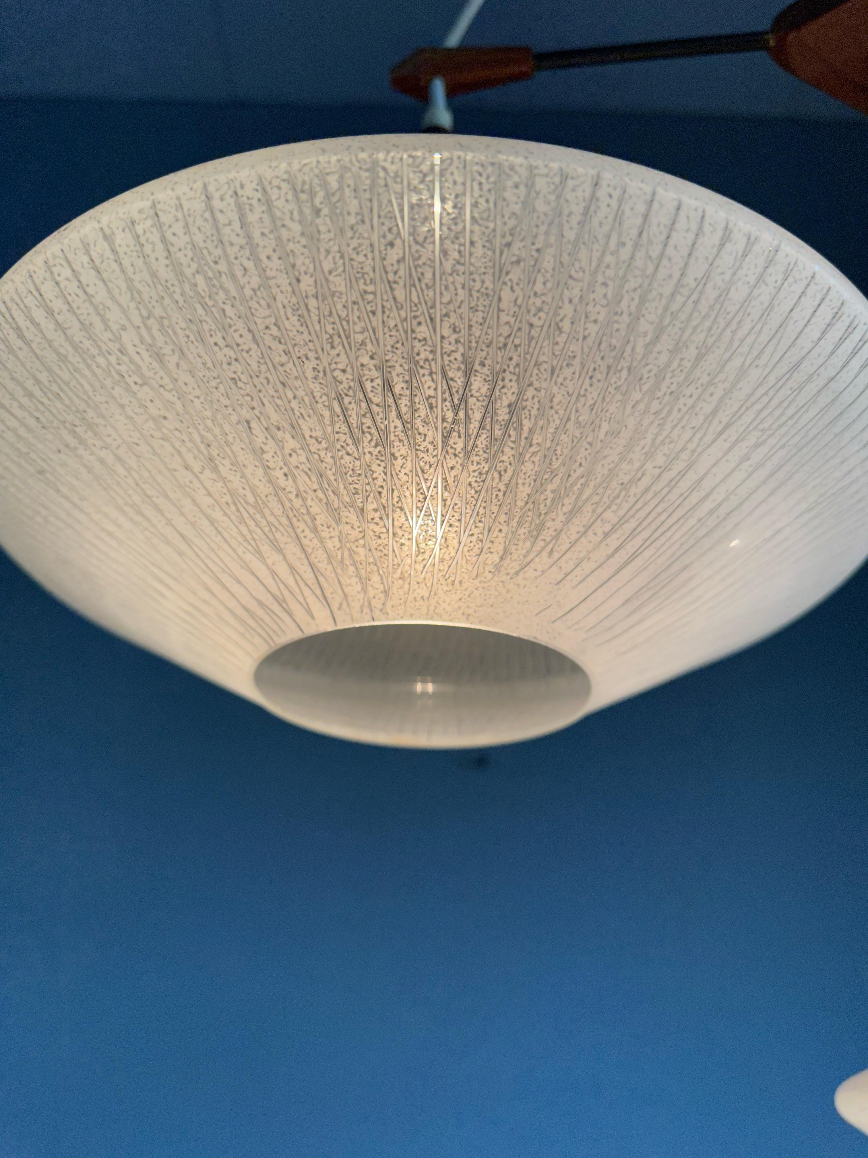 Stunning & Stylish & Rare Mid-Century Modern 3 Light Glass & Teakwood Chandelier For Sale 3