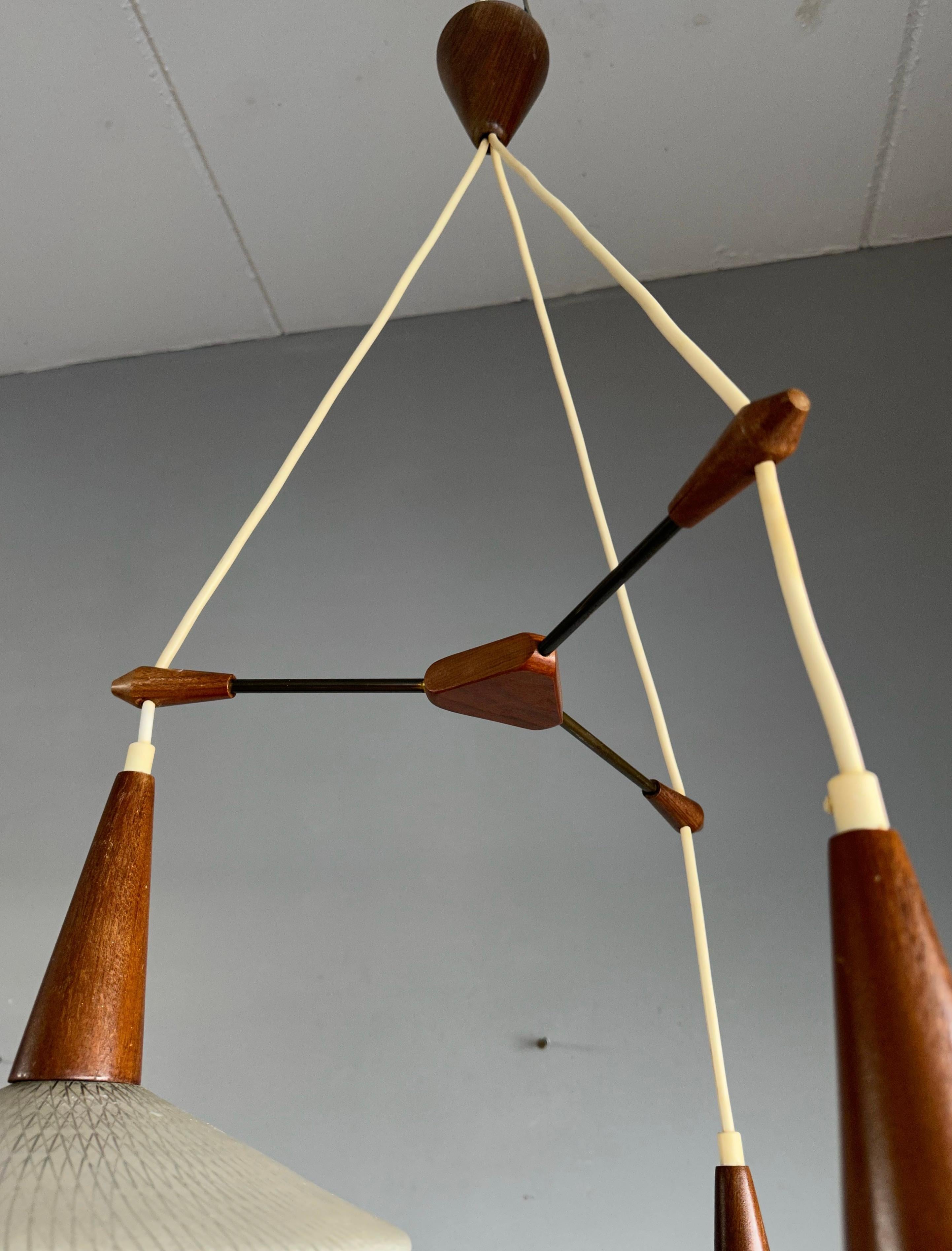 Stunning & Stylish & Rare Mid-Century Modern 3 Light Glass & Teakwood Chandelier For Sale 2