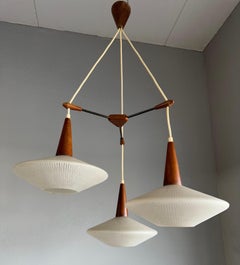 Stunning & Stylish & Rare Mid-Century Modern 3 Light Glass & Teakwood Chandelier