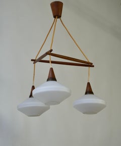 Stunning & Stylish & Rare Mid-Century Modern 3 Light Glass & Teakwood Chandelier