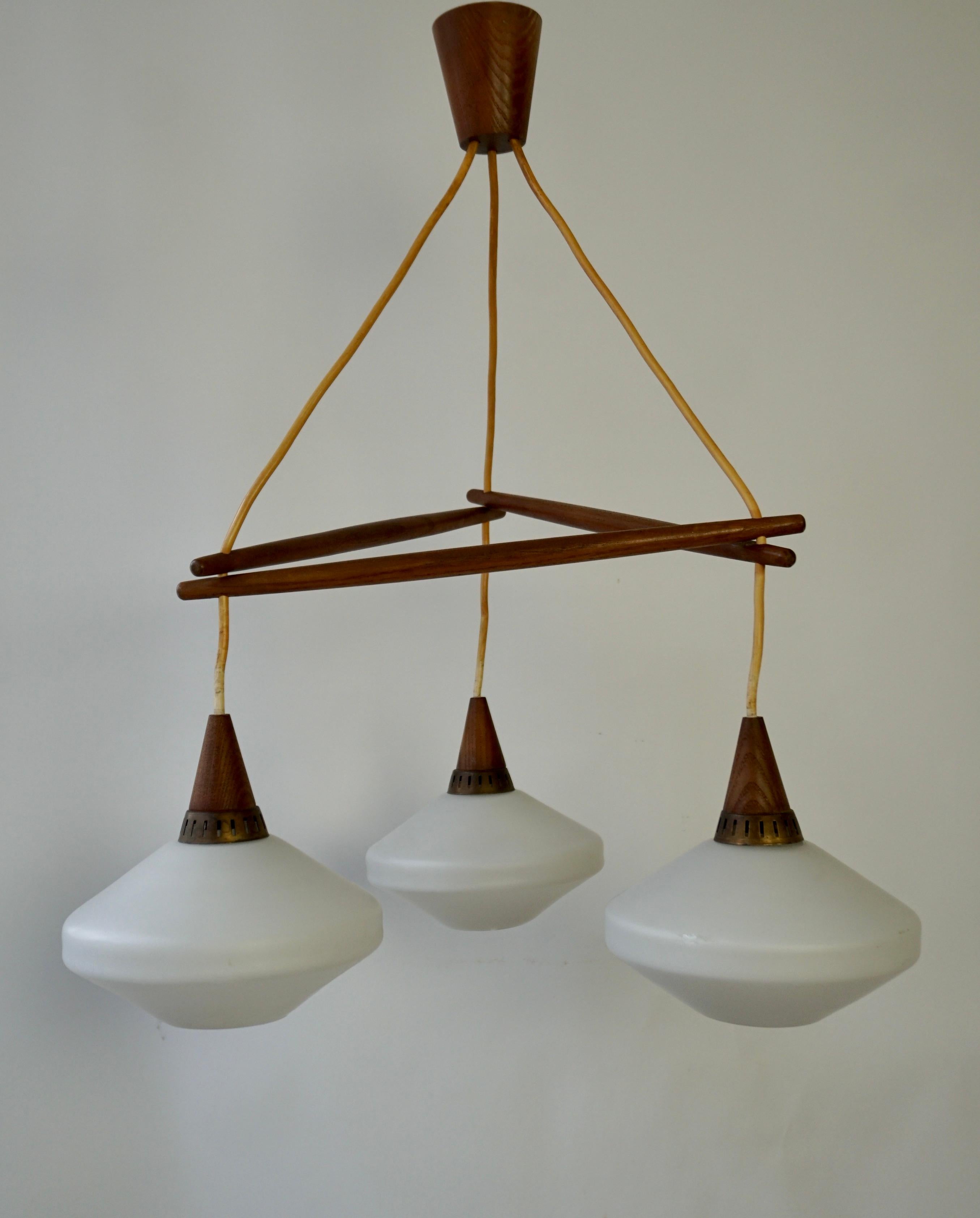 Danish Stunning & Stylish & Rare Mid-Century Modern 3 Light Glass & Teakwood Chandelier For Sale