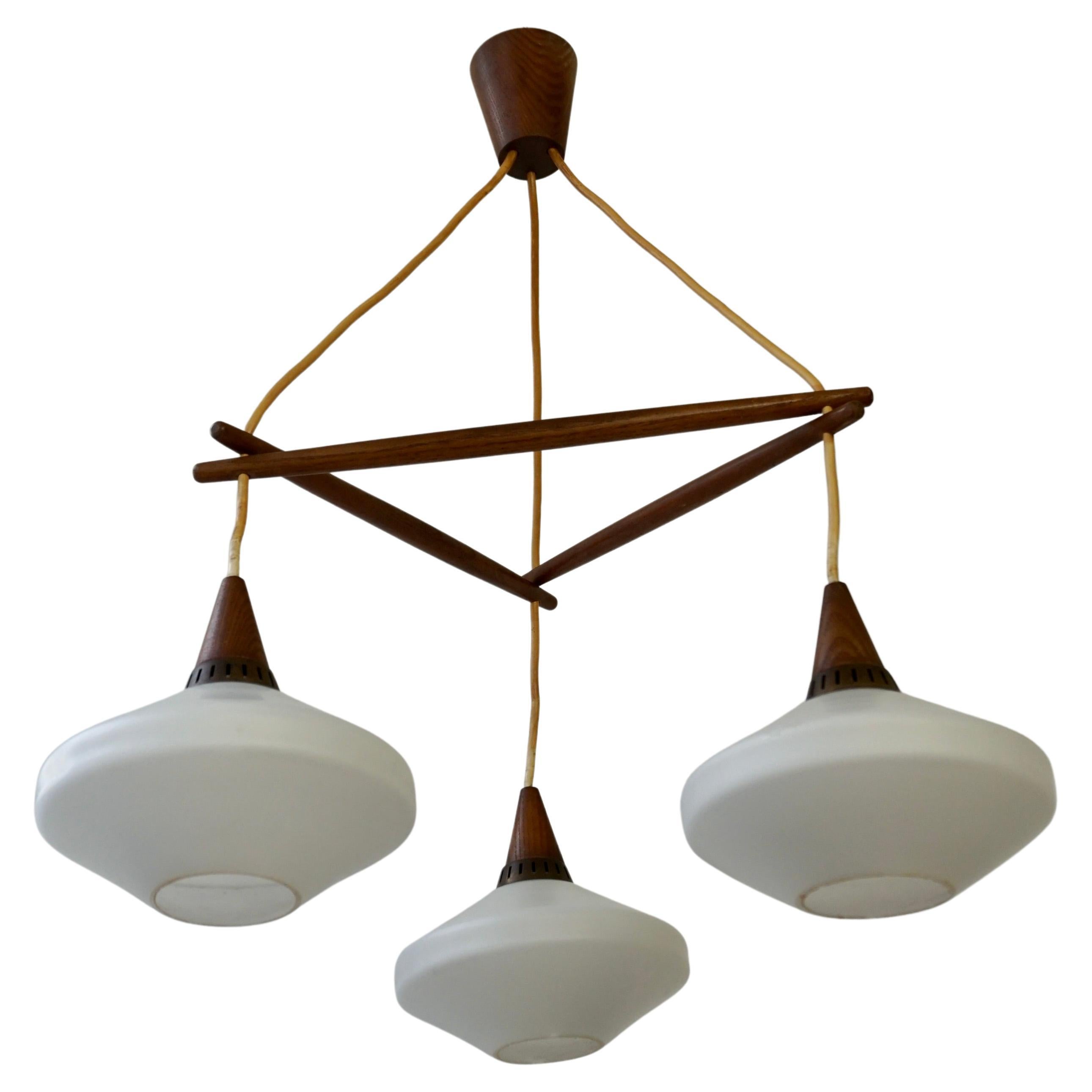 Stunning & Stylish & Rare Mid-Century Modern 3 Light Glass & Teakwood Chandelier For Sale