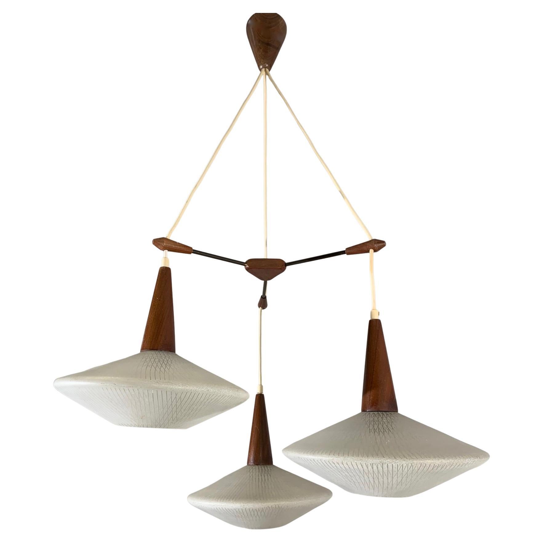 Stunning & Stylish & Rare Mid-Century Modern 3 Light Glass & Teakwood Chandelier For Sale