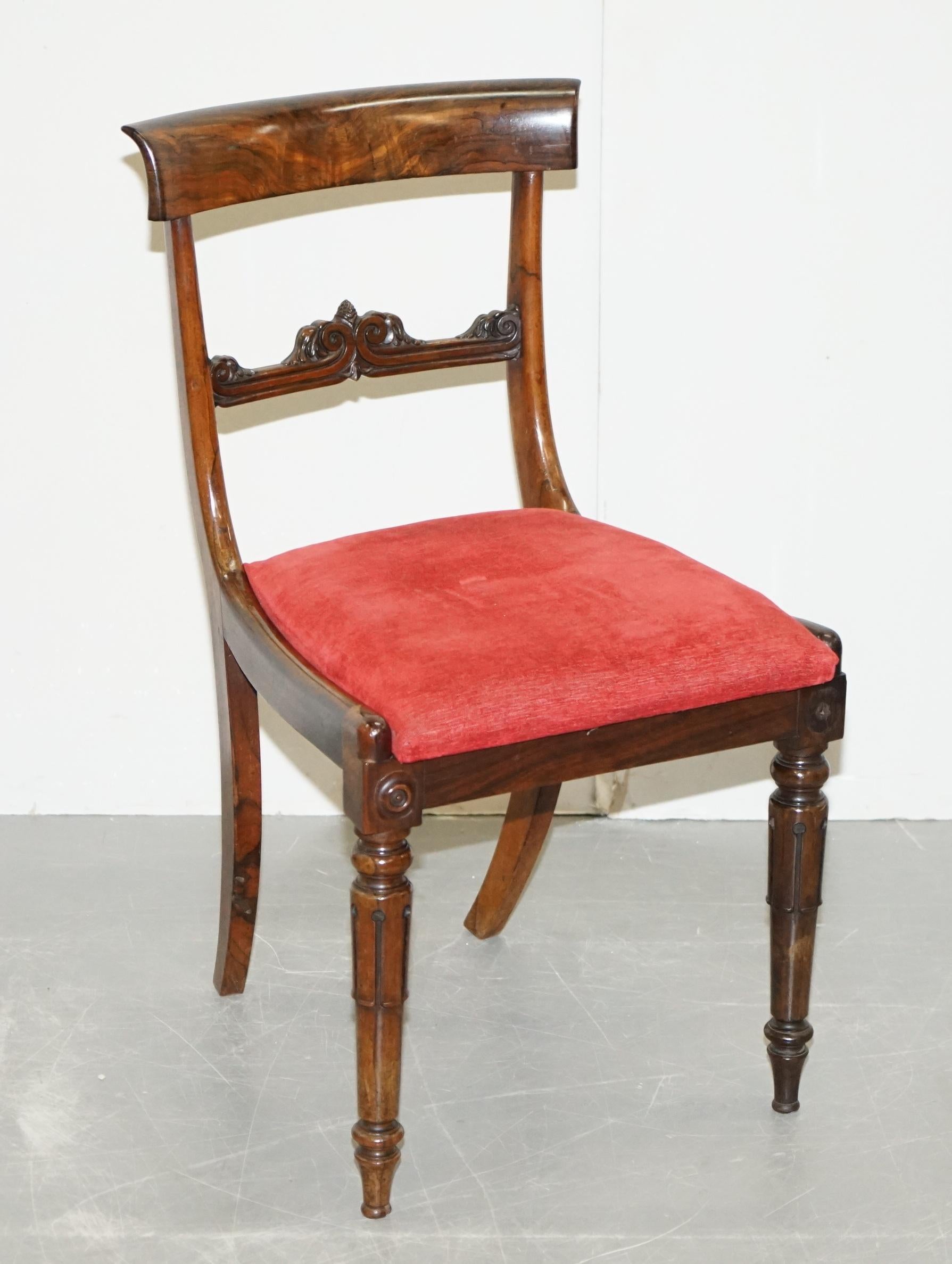 We are delighted to offer for sale this exquisite set of five original William IV circa 1830 hardwood dining chairs

These chairs have a timber patina to die for! The hardwood has such a glorious grain, these are pure art furniture from every