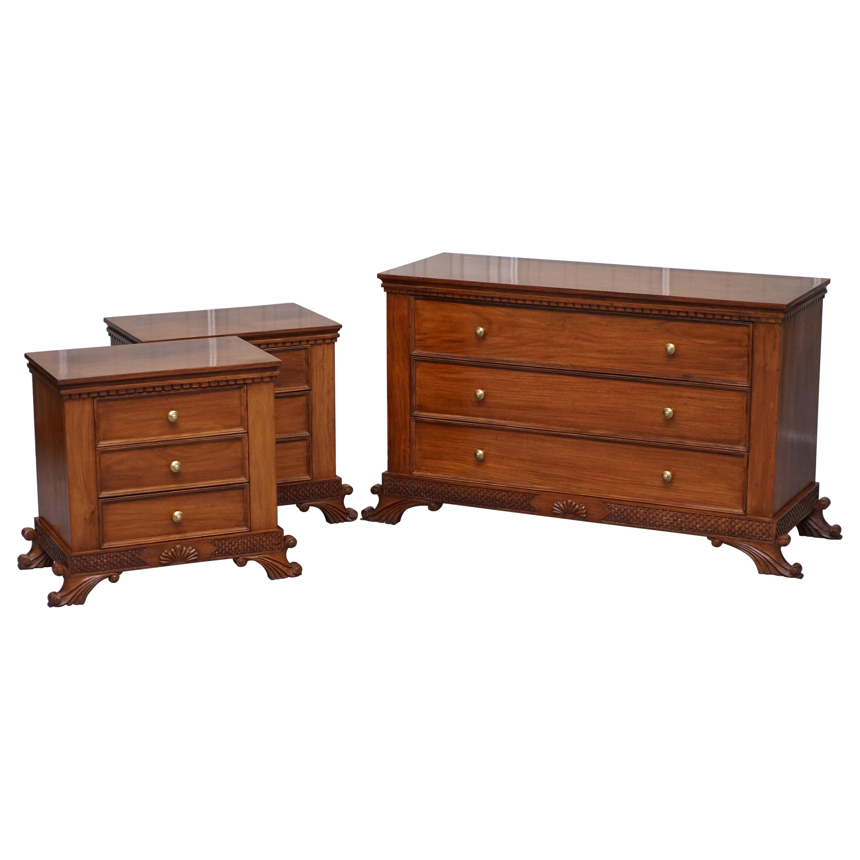 Stunning Suite of Panelled Hardwood Chests of Drawers Ornately Carved Bases For Sale