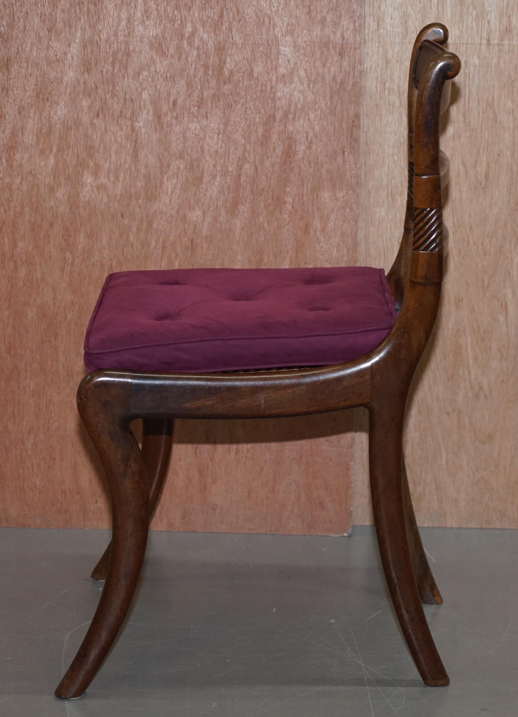 Stunning Suite of Six Regency Hardwood Bergere Dining Chairs Velvet Chesterfield For Sale 6