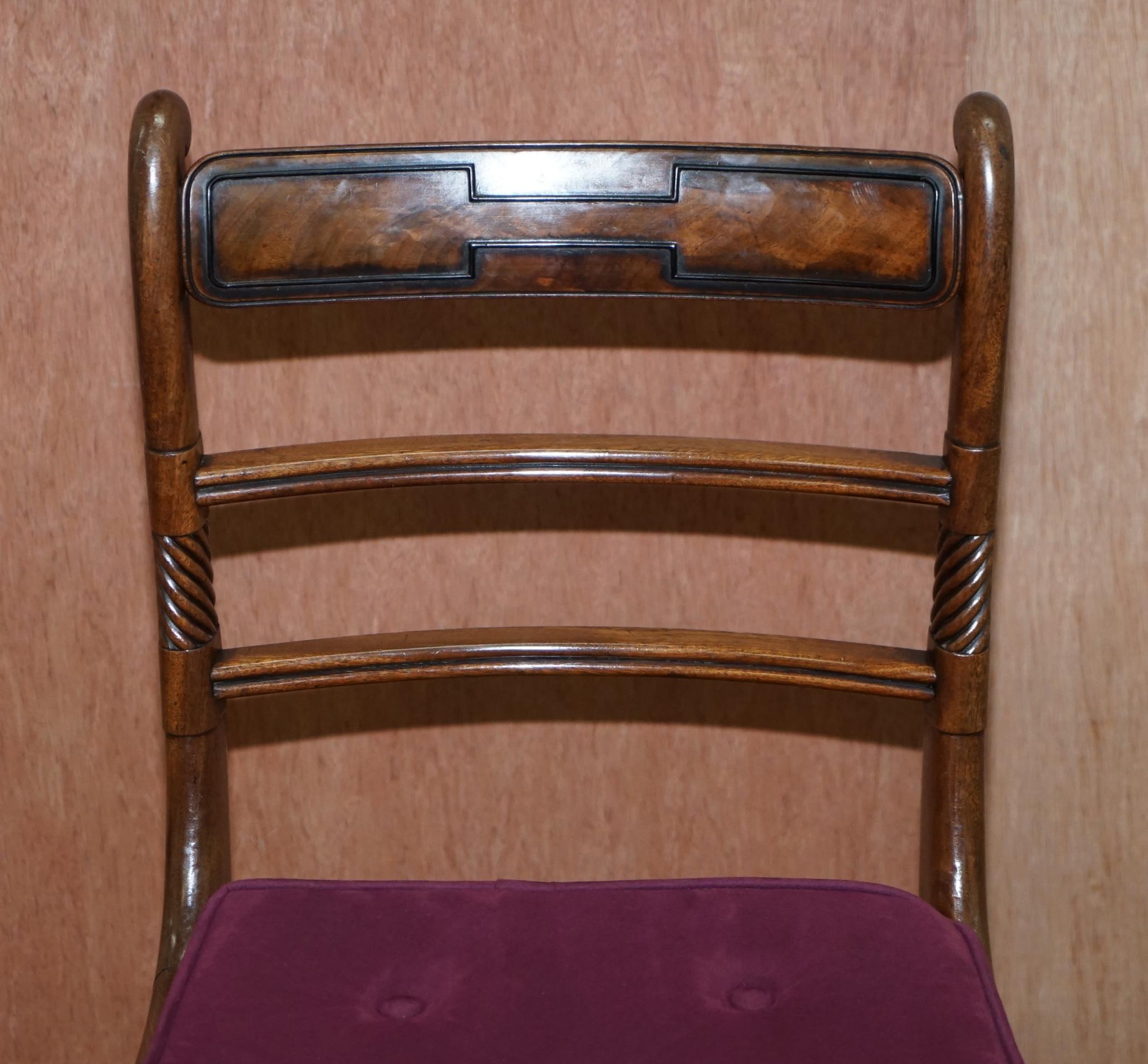Stunning Suite of Six Regency Hardwood Bergere Dining Chairs Velvet Chesterfield For Sale 13