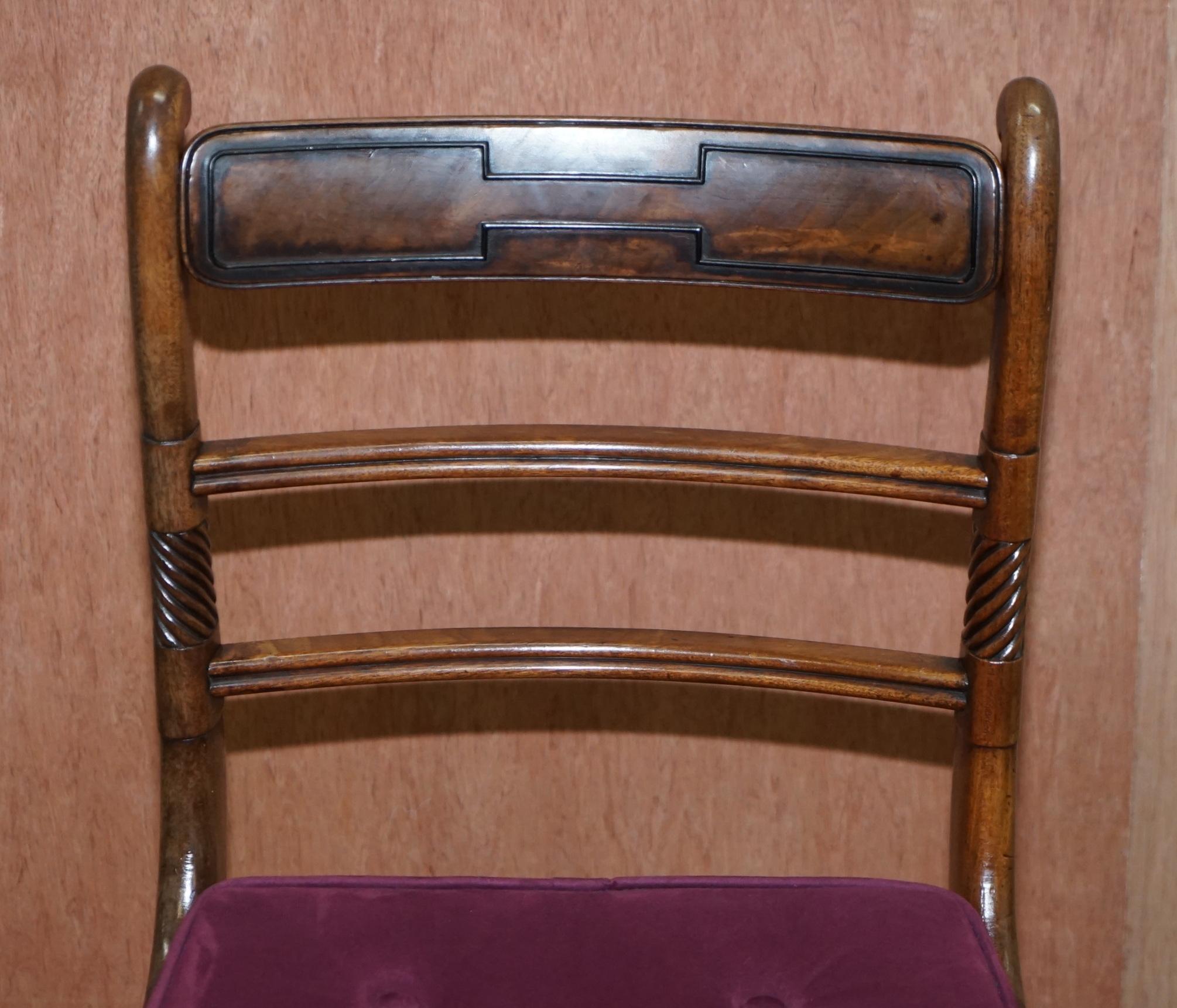 Hand-Crafted Stunning Suite of Six Regency Hardwood Bergere Dining Chairs Velvet Chesterfield For Sale