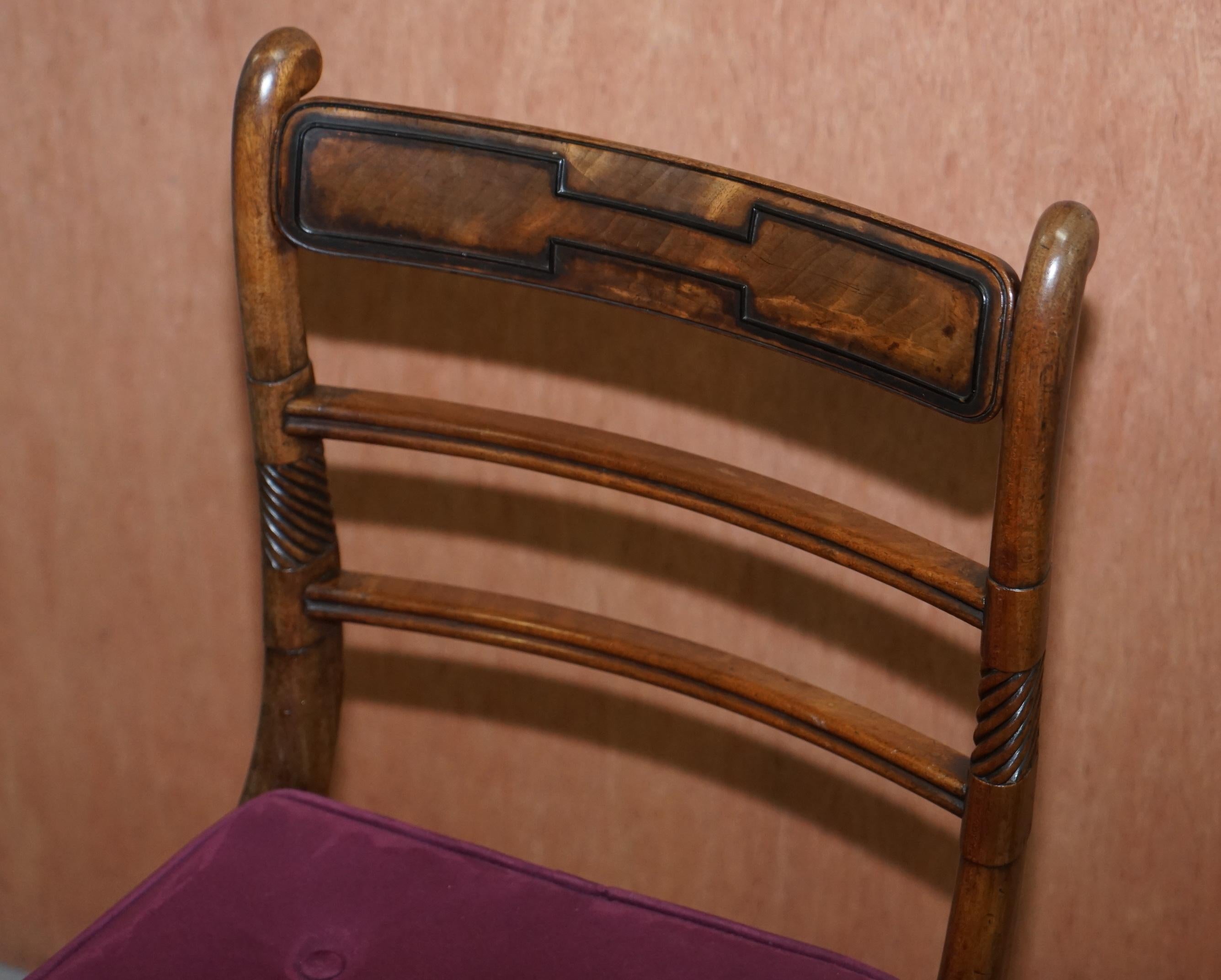 Début du XIXe siècle Superbe suite de six chaises de salle à manger Regency en bois dur Bergere Velvet Chesterfield en vente