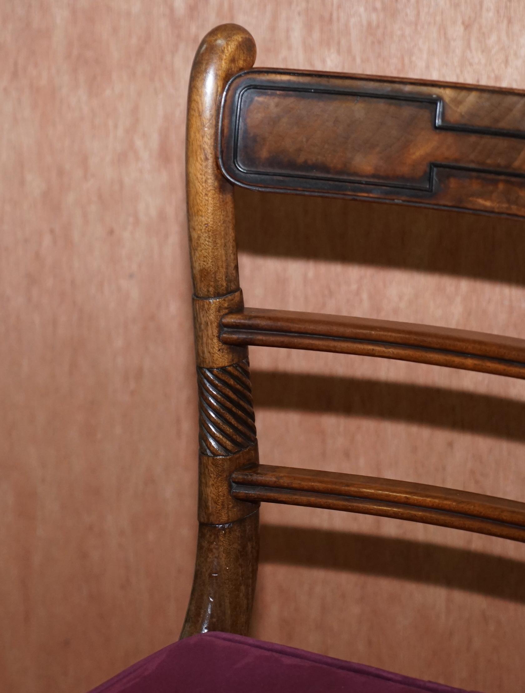 Early 19th Century Stunning Suite of Six Regency Hardwood Bergere Dining Chairs Velvet Chesterfield For Sale