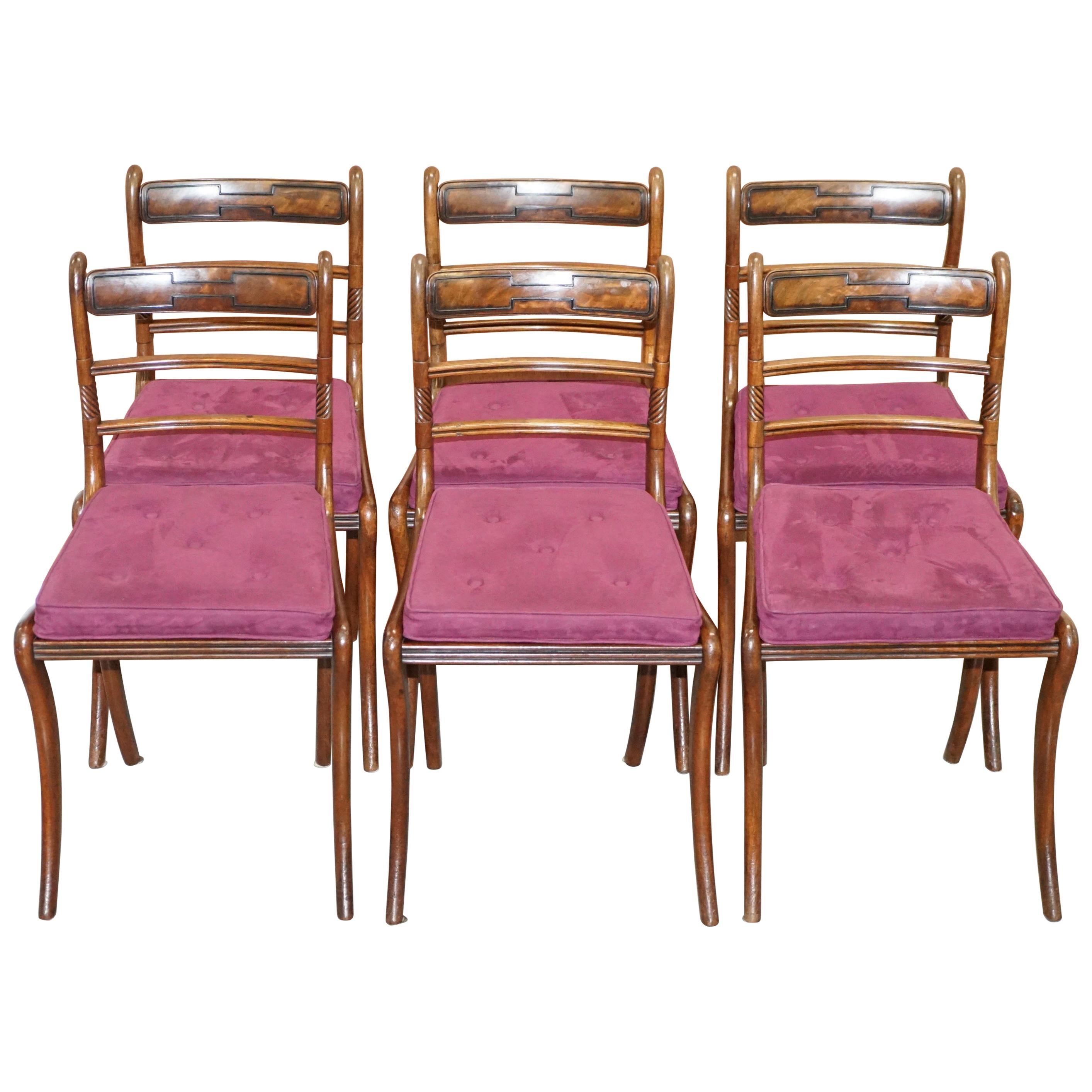Superbe suite de six chaises de salle à manger Regency en bois dur Bergere Velvet Chesterfield en vente