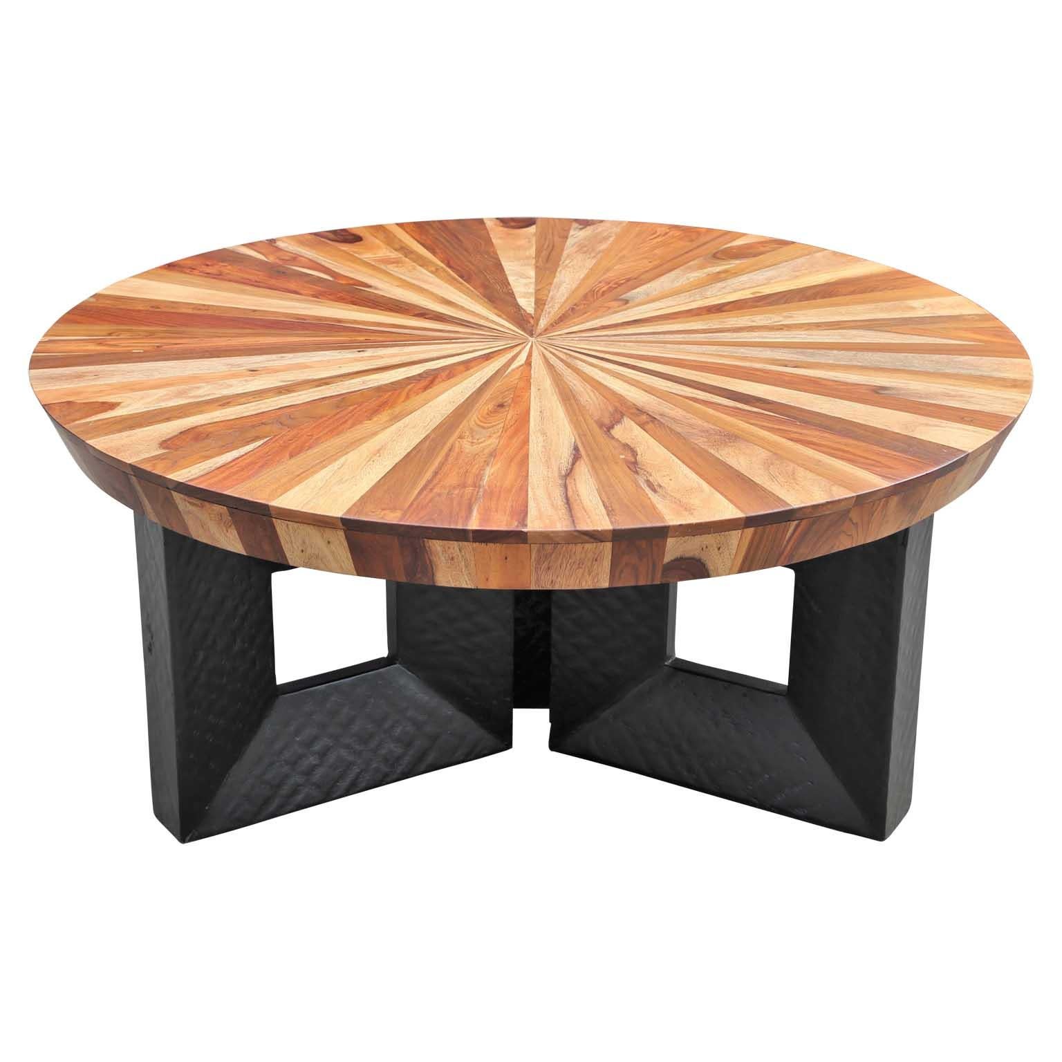 Stunning Sunburst Round Wooden Modern Deco Style Coffee Table with Black Base In Excellent Condition In Houston, TX