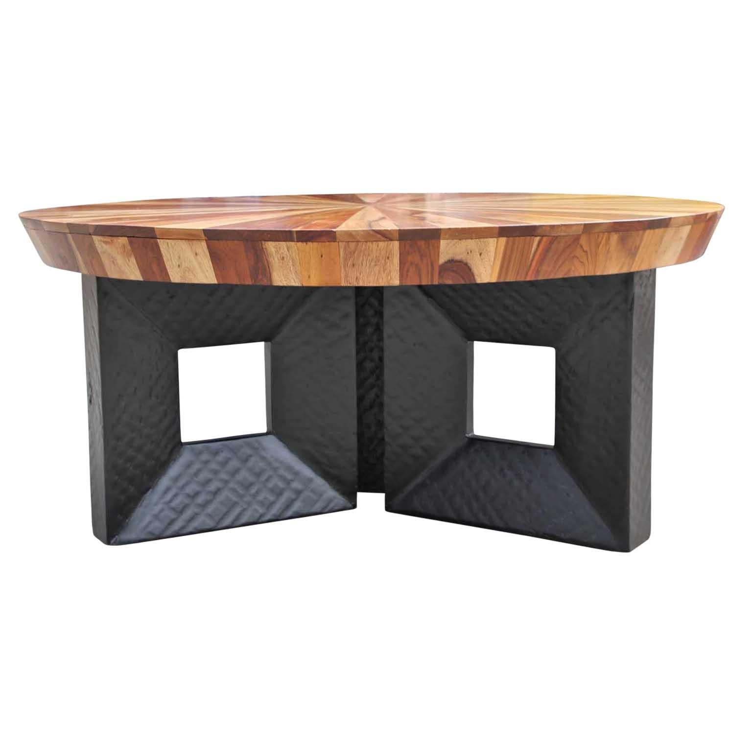 20th Century Stunning Sunburst Round Wooden Modern Deco Style Coffee Table with Black Base