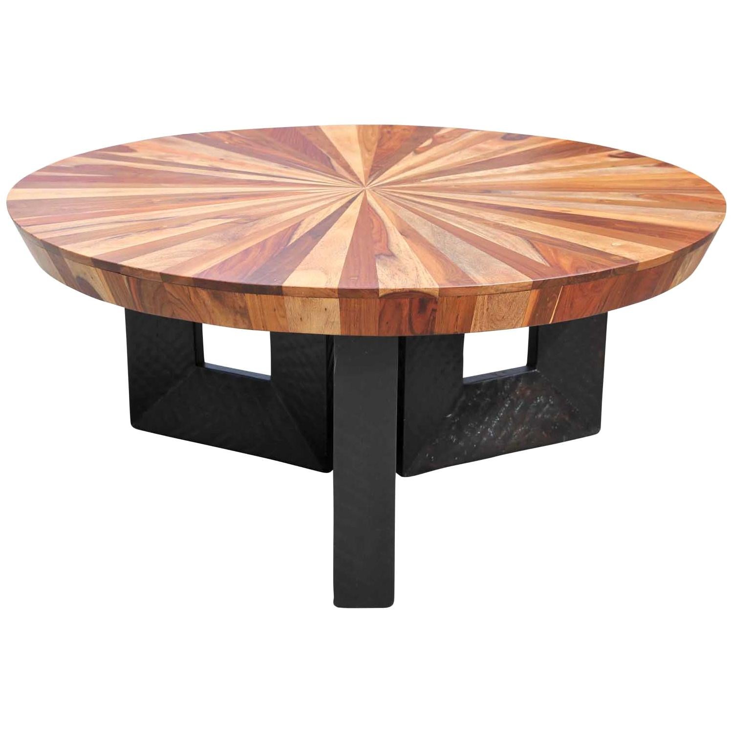 Stunning Sunburst Round Wooden Modern Deco Style Coffee Table with Black Base