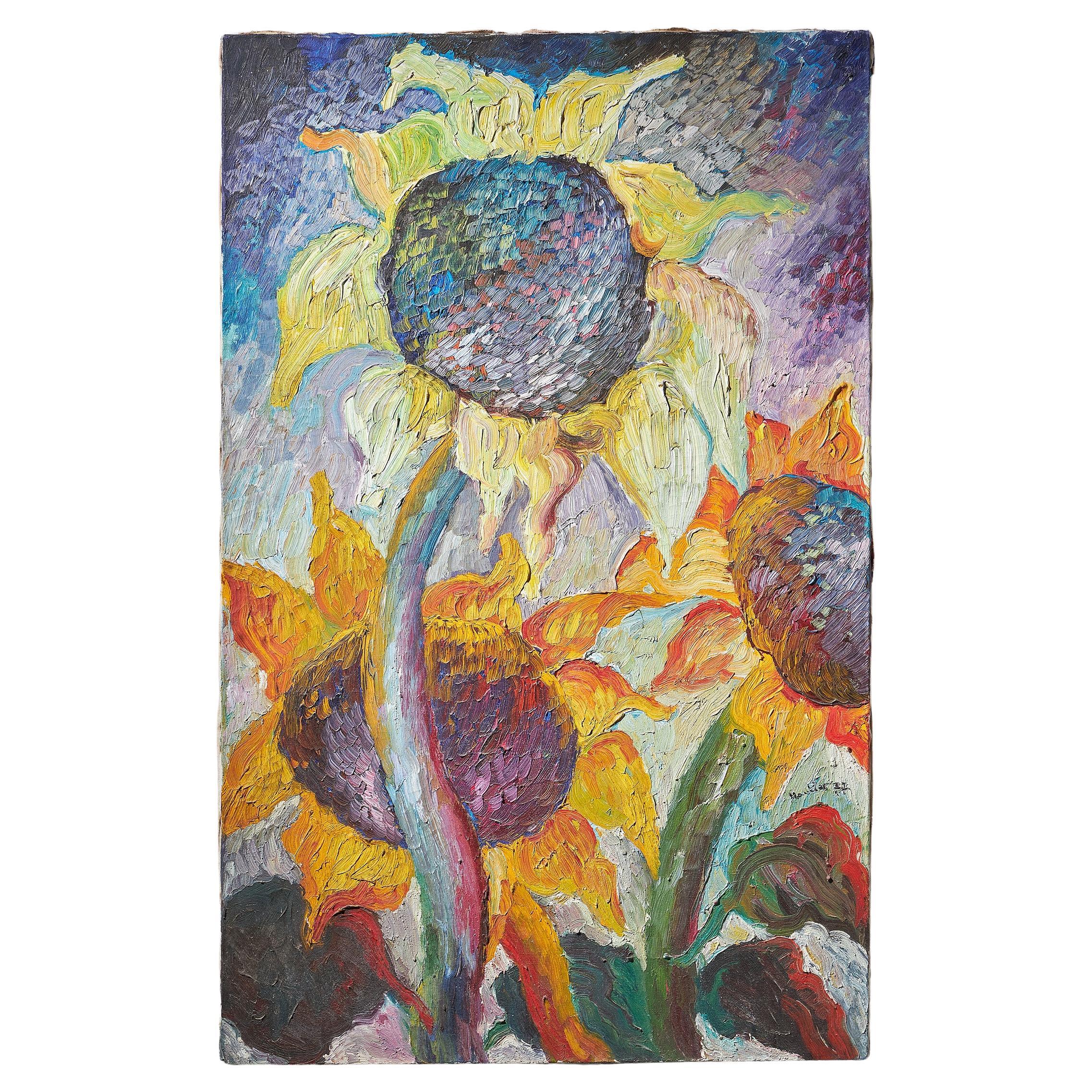 Stunning sunflower oil painting signed and dated 1977