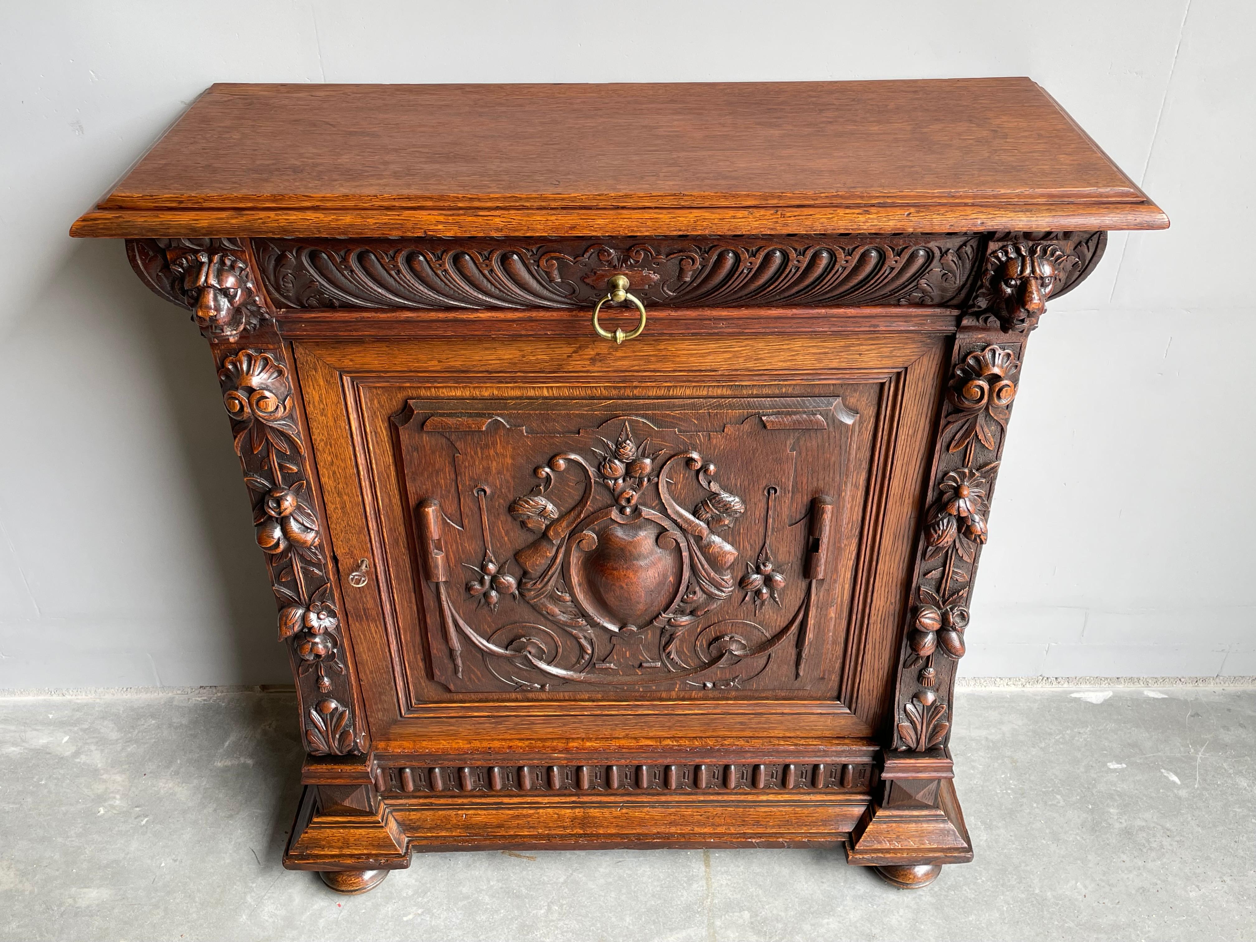 Marvelous design and practical size, antique oak cabinet from the mid 1800s.

This rare Dutch Renaissance Revival cabinet is in the best condition possible and it has the most amazing patina. All hand carved from solid tiger oak this rare antique