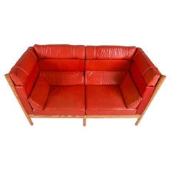 Stunning Swedish Modern Beautiful tall Red Leather loveseat Sofa pine frame
