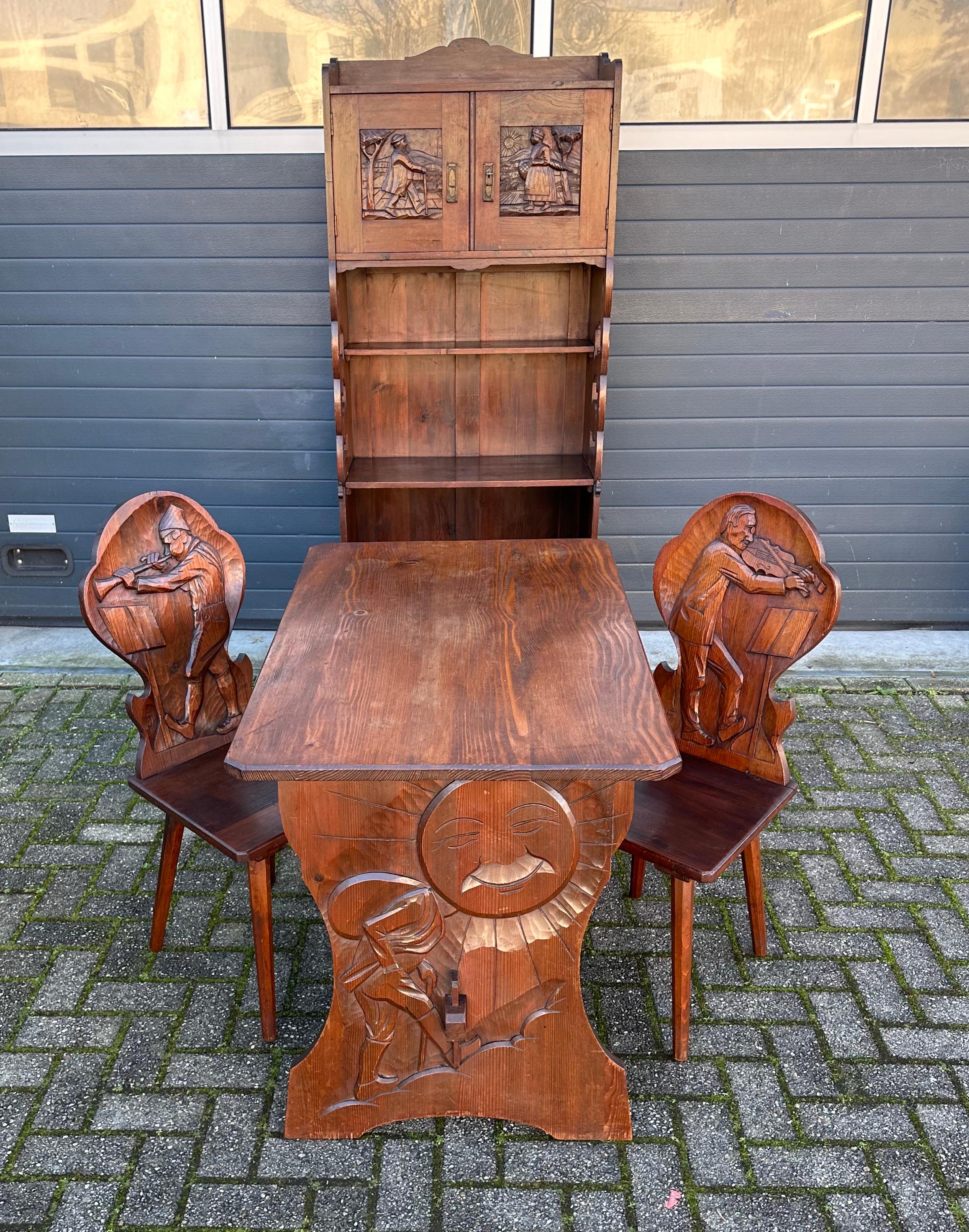 Stunning Swiss Antique Pine Cottage Set, Hutch, Table, Chairs w Awesome Carvings For Sale 8