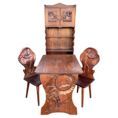 Stunning Swiss Antique Pine Cottage Set, Hutch, Table, Chairs w Awesome Carvings