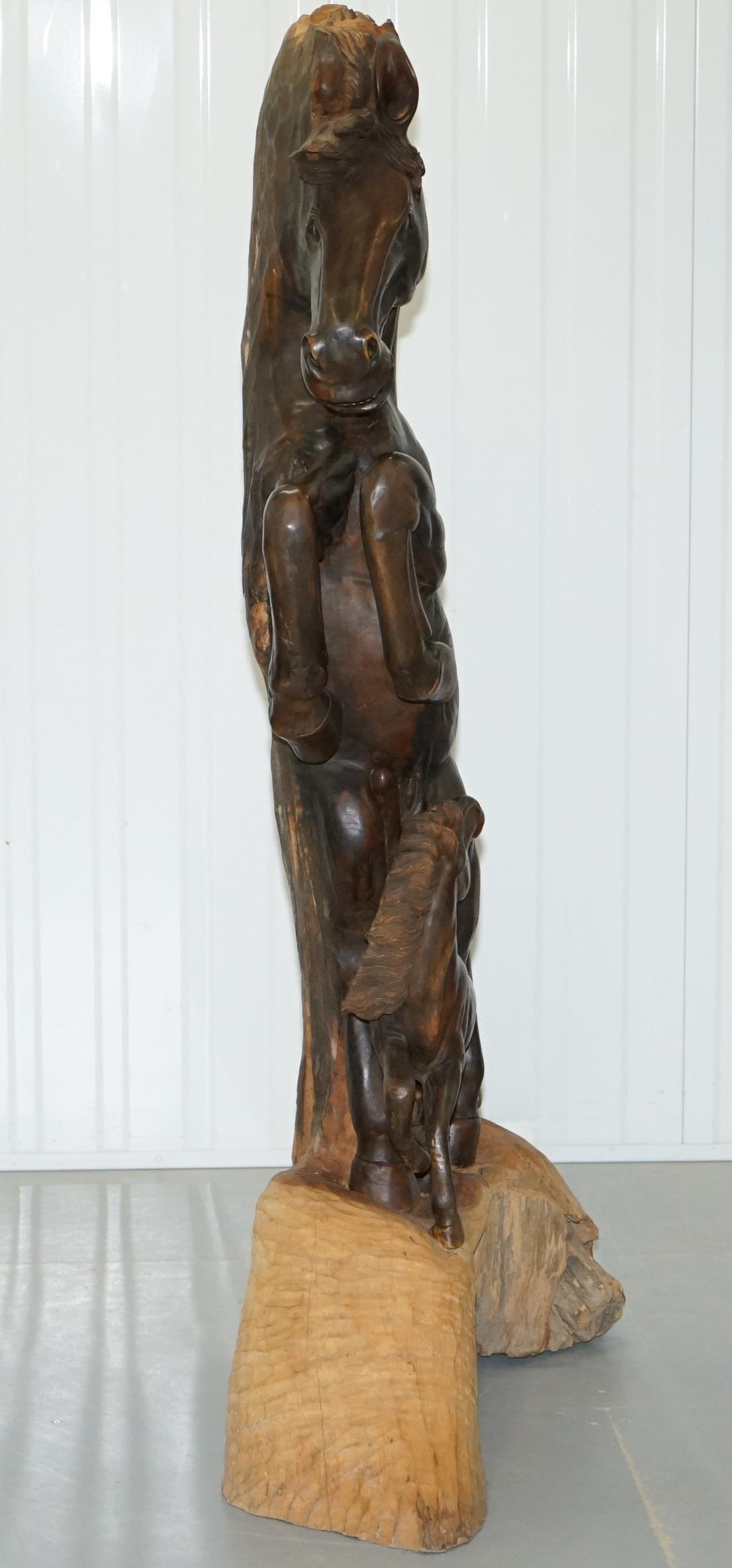 Stunning Tall Hand-Carved Sculpture of Rearing Horse and Foal For Sale 4