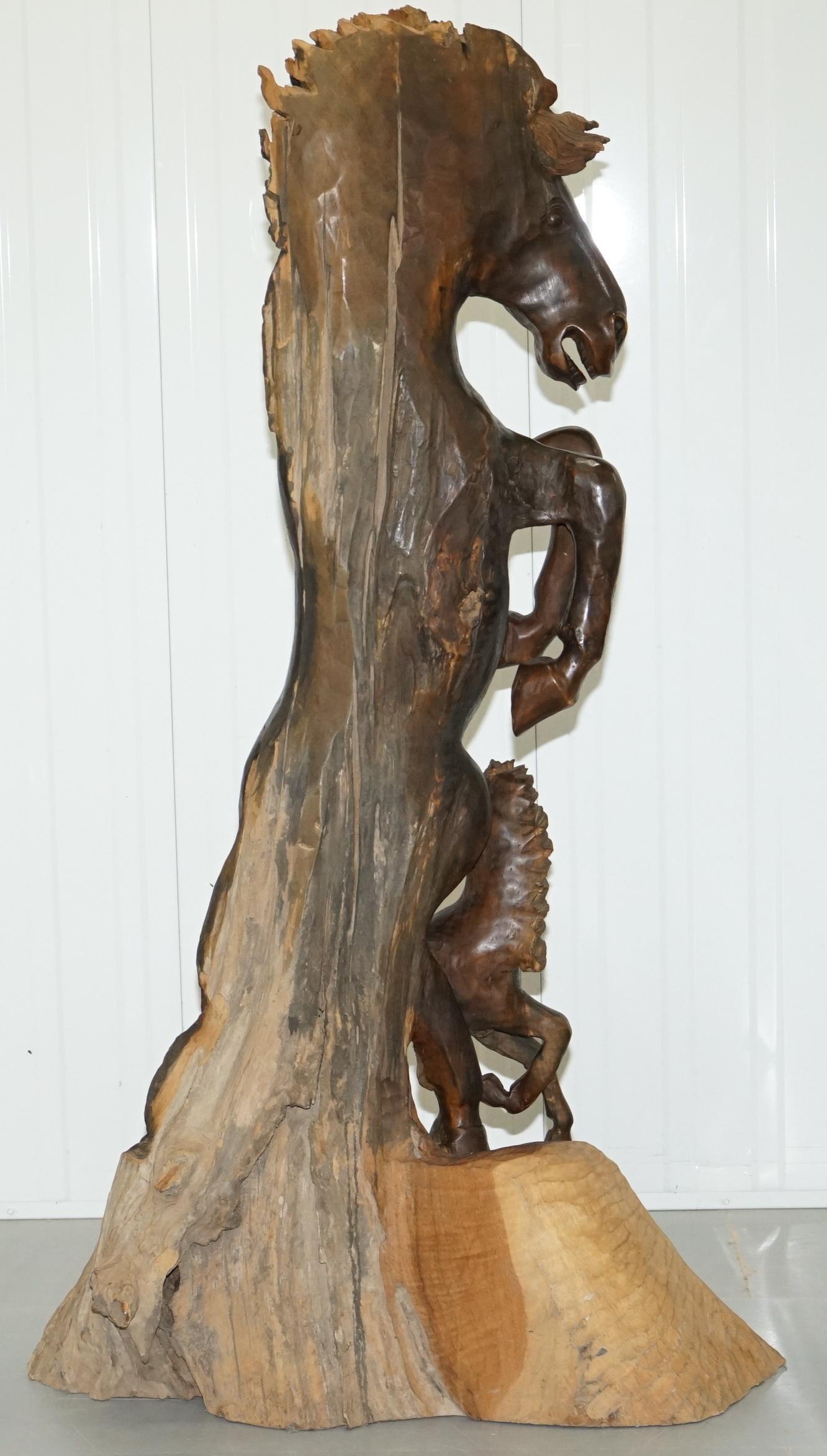 Stunning Tall Hand-Carved Sculpture of Rearing Horse and Foal For Sale 6