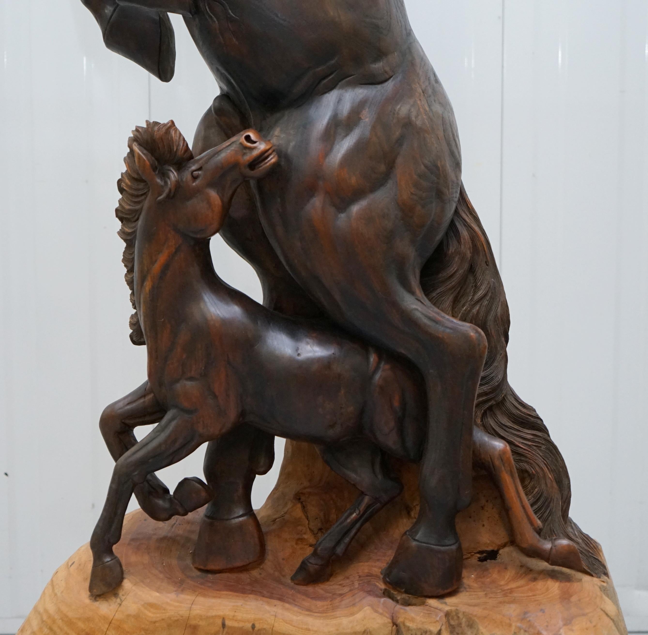 20th Century Stunning Tall Hand-Carved Sculpture of Rearing Horse and Foal For Sale
