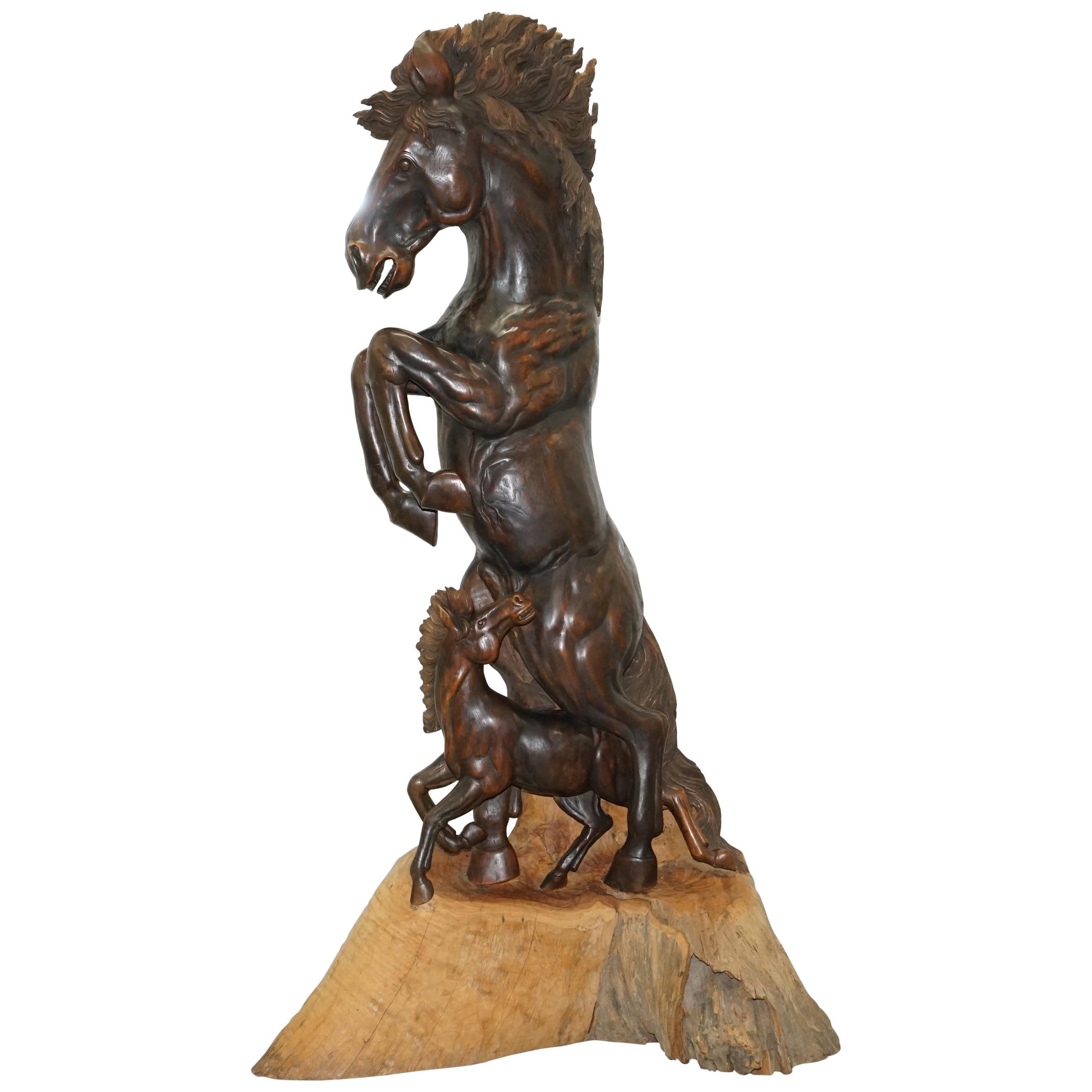 Stunning Tall Hand-Carved Sculpture of Rearing Horse and Foal For Sale