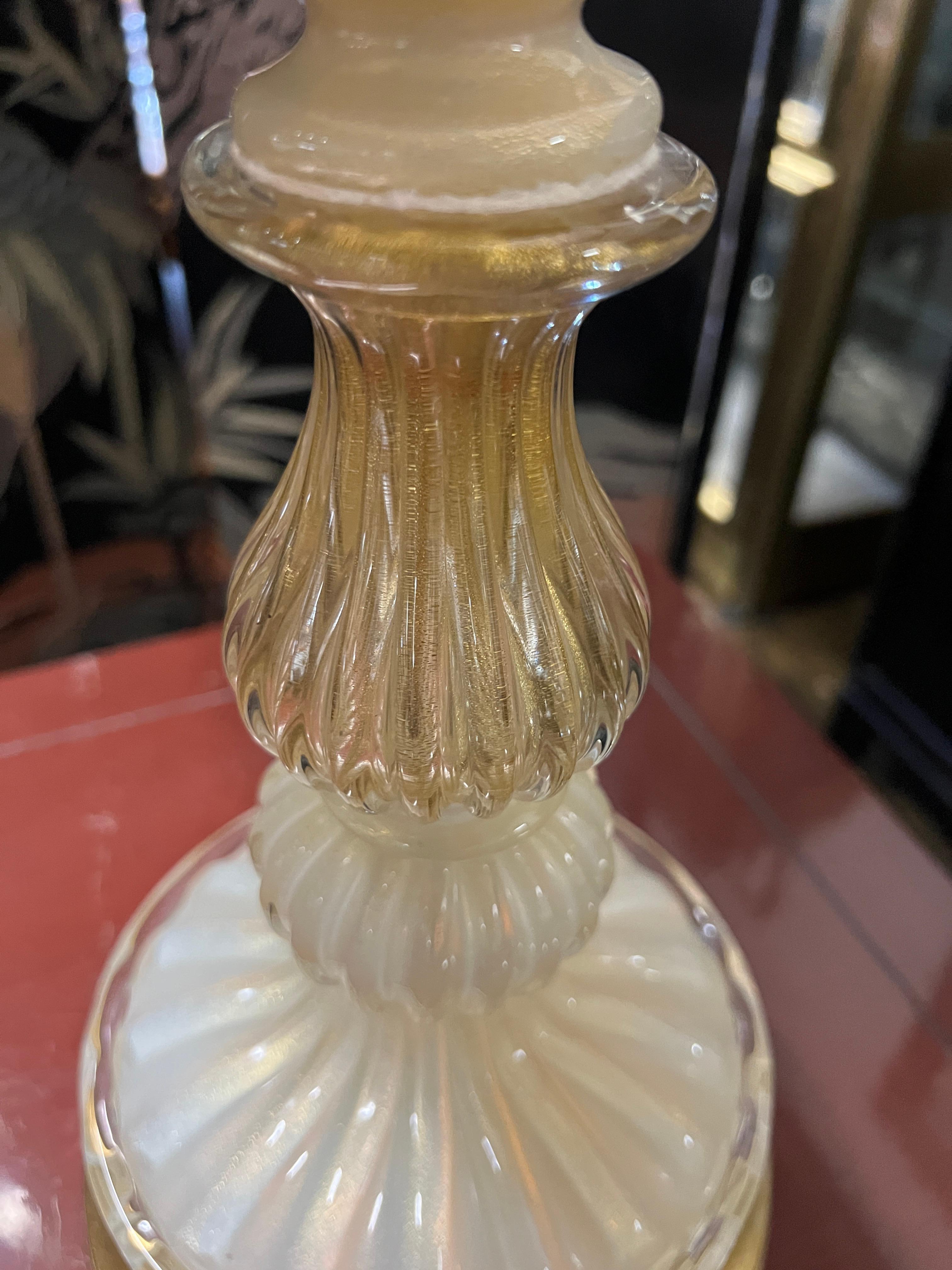 Italian Stunning Tall Murano Glass Table Lamp with Gold Flecks on Gilded Base For Sale