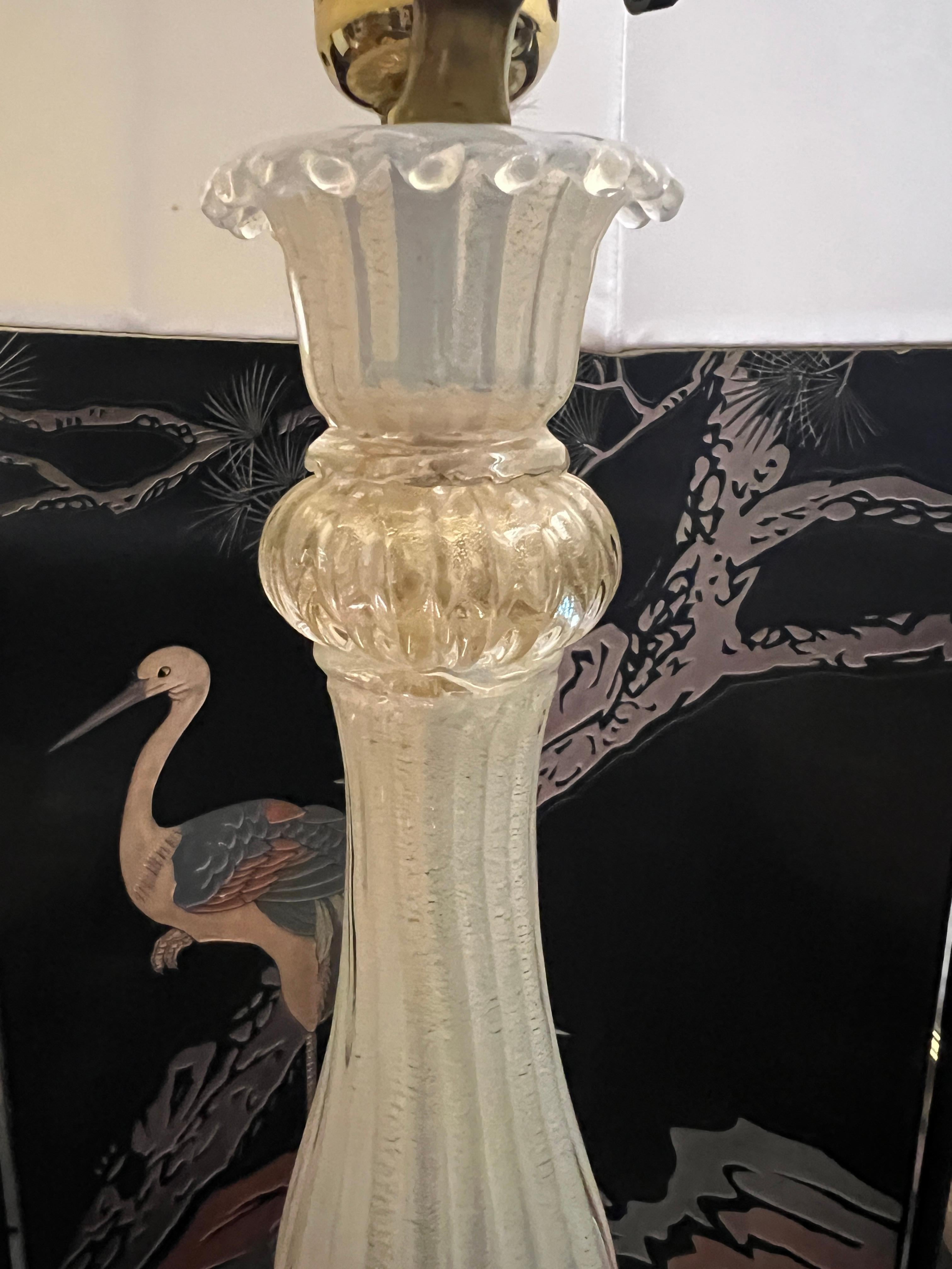 Stunning Tall Murano Glass Table Lamp with Gold Flecks on Gilded Base In Good Condition For Sale In Chicago, IL