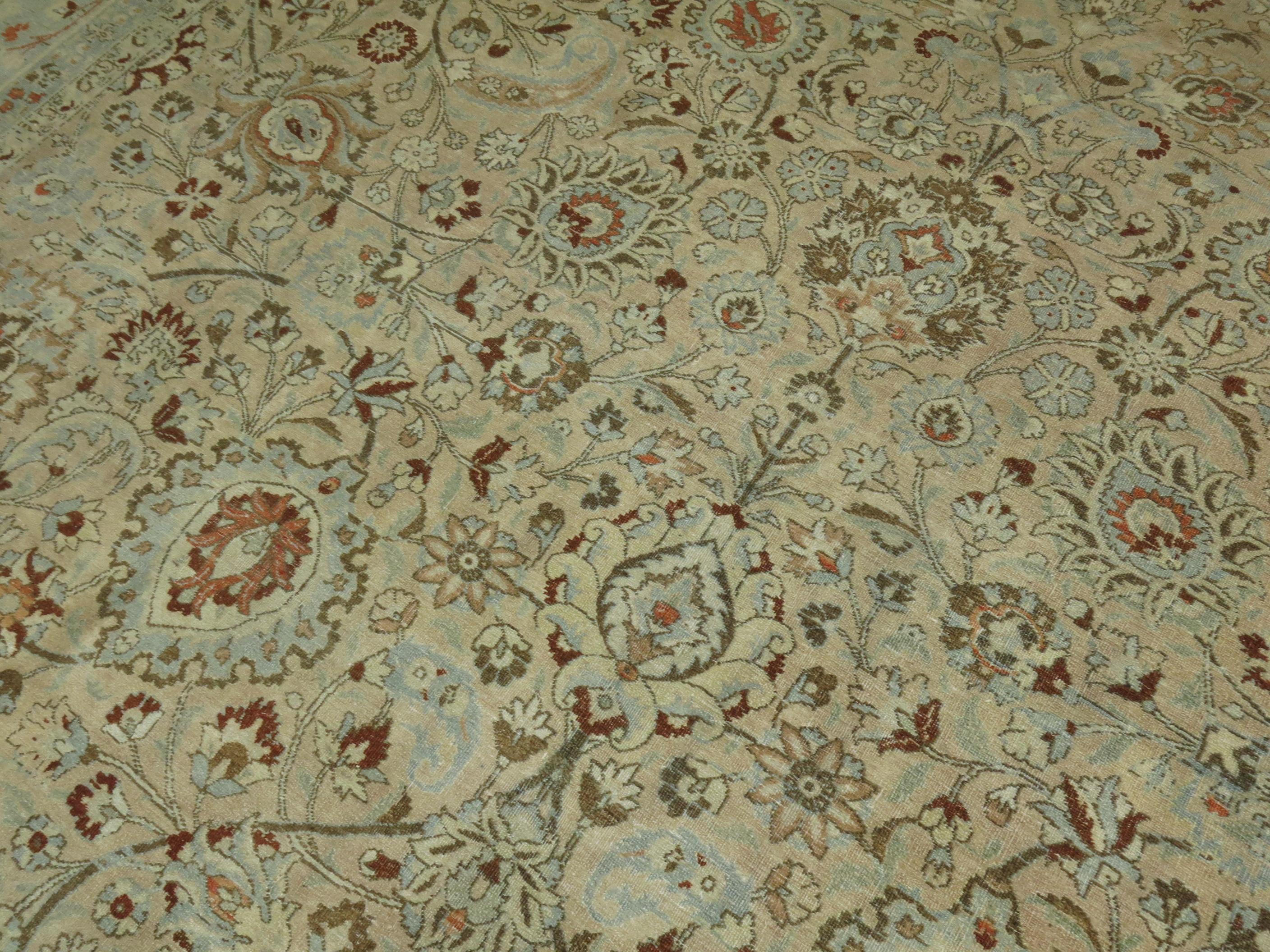 Stunning Tan Icy Blue Antique Persian Formal Meshed Rug, 20th Century For Sale 4