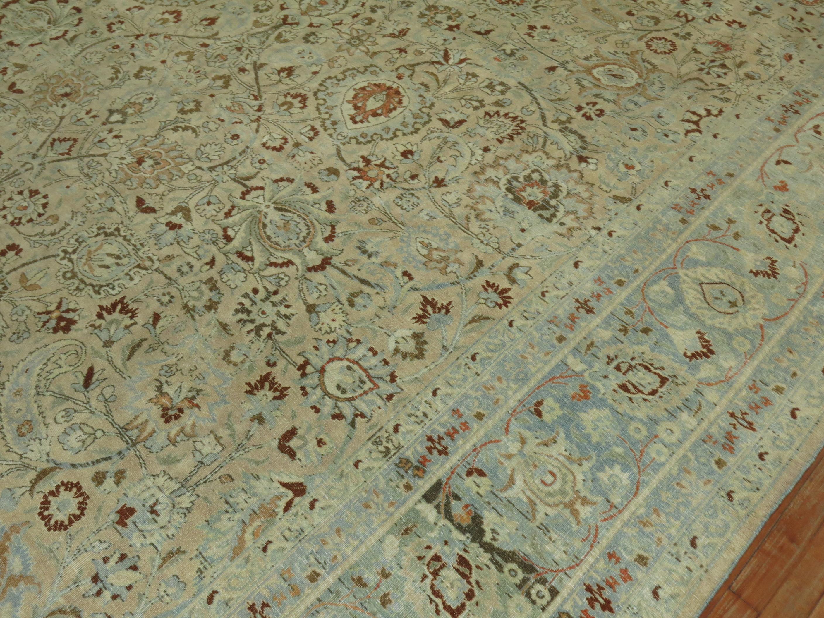Tabriz Stunning Tan Icy Blue Antique Persian Formal Meshed Rug, 20th Century For Sale