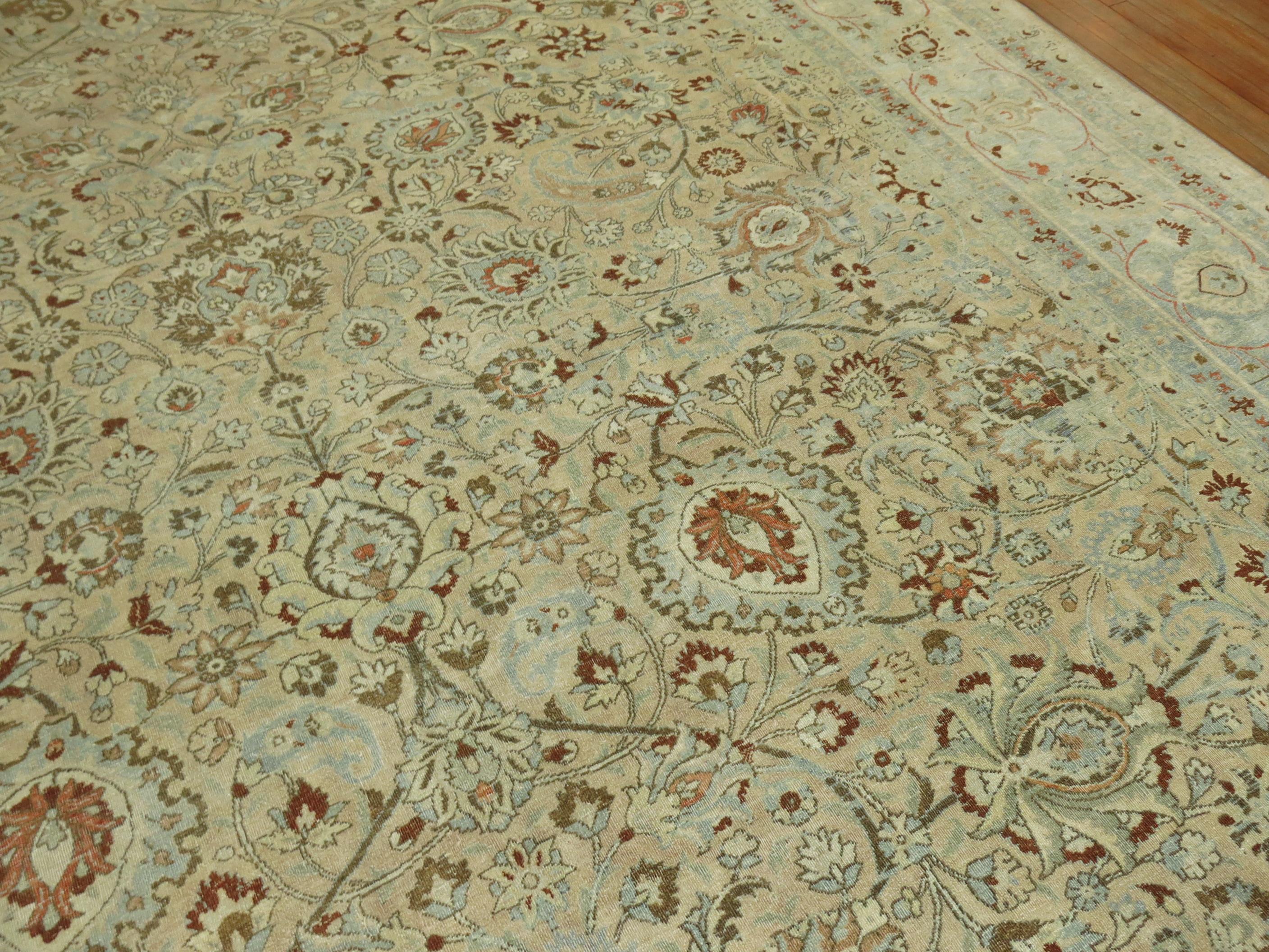 Hand-Knotted Stunning Tan Icy Blue Antique Persian Formal Meshed Rug, 20th Century For Sale