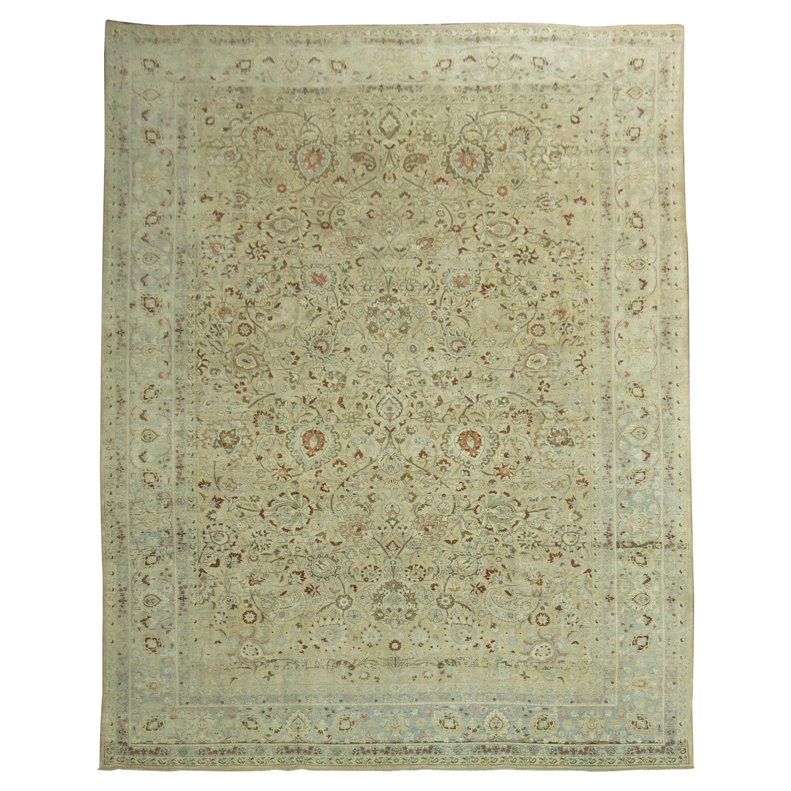 Stunning Tan Icy Blue Antique Persian Formal Meshed Rug, 20th Century For Sale